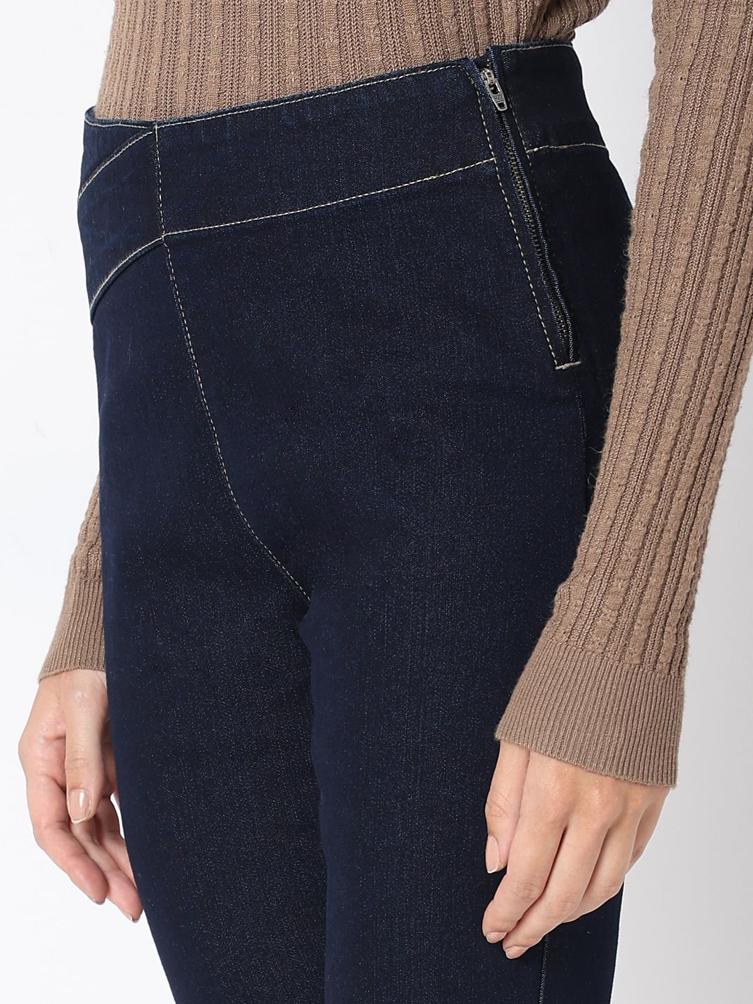 Dark Blue Cross Waist Skinny Jeans