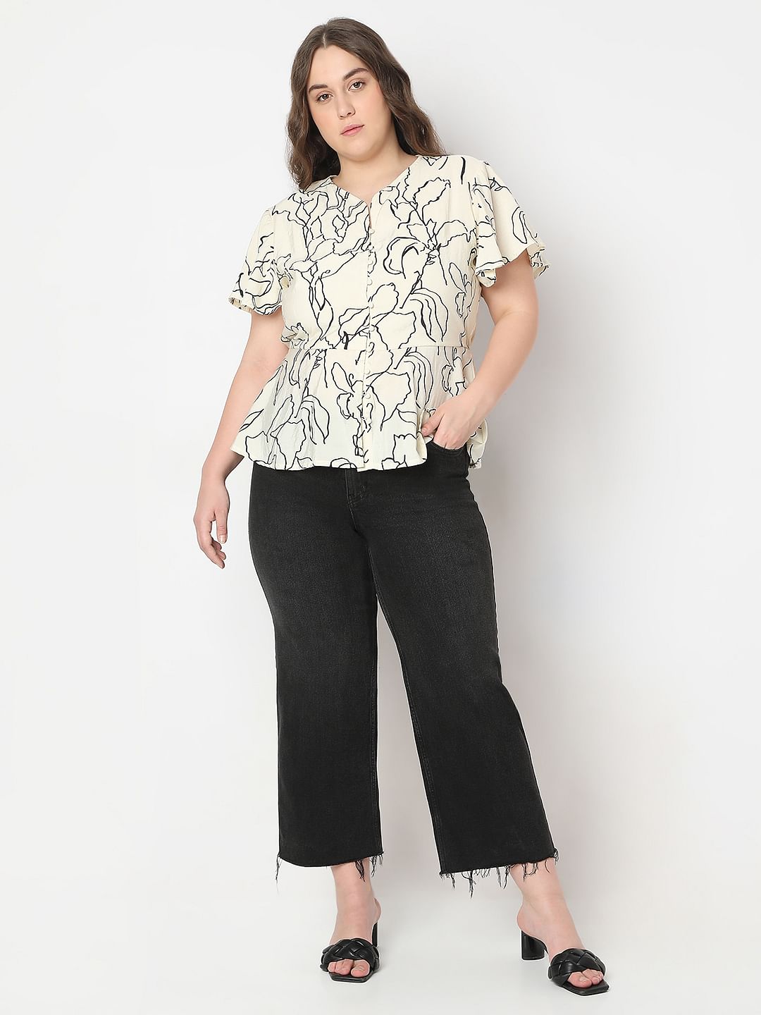 Curve Off-White Printed Peplum Top