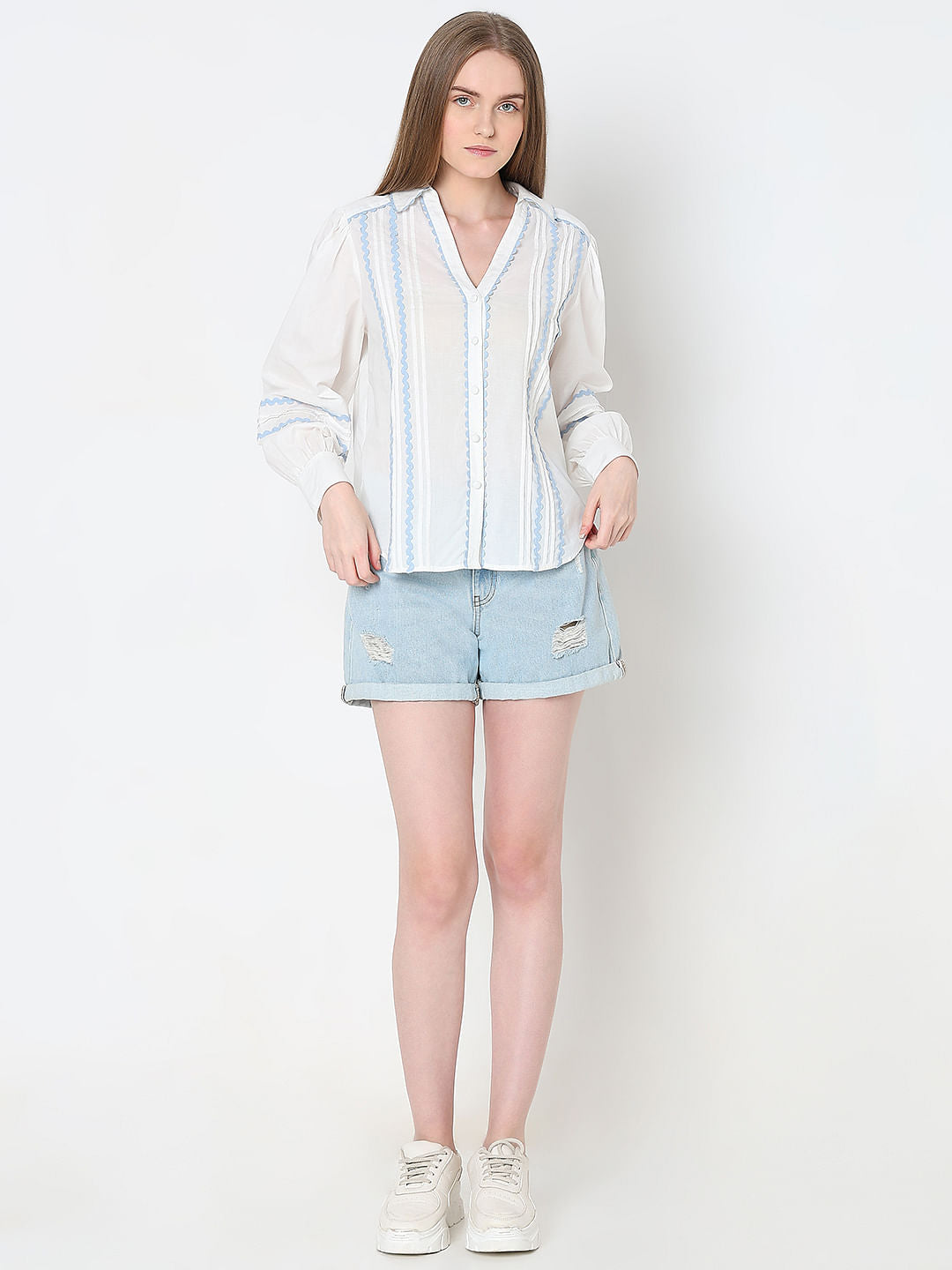 White Contrast Lace Cotton Shirt