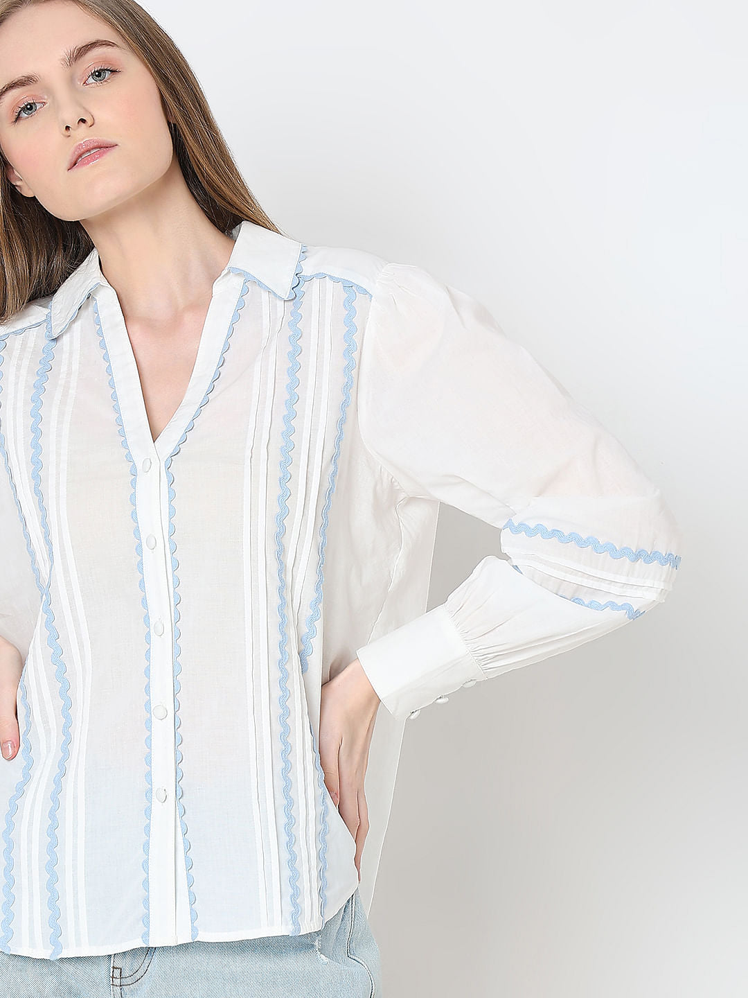 White Contrast Lace Cotton Shirt