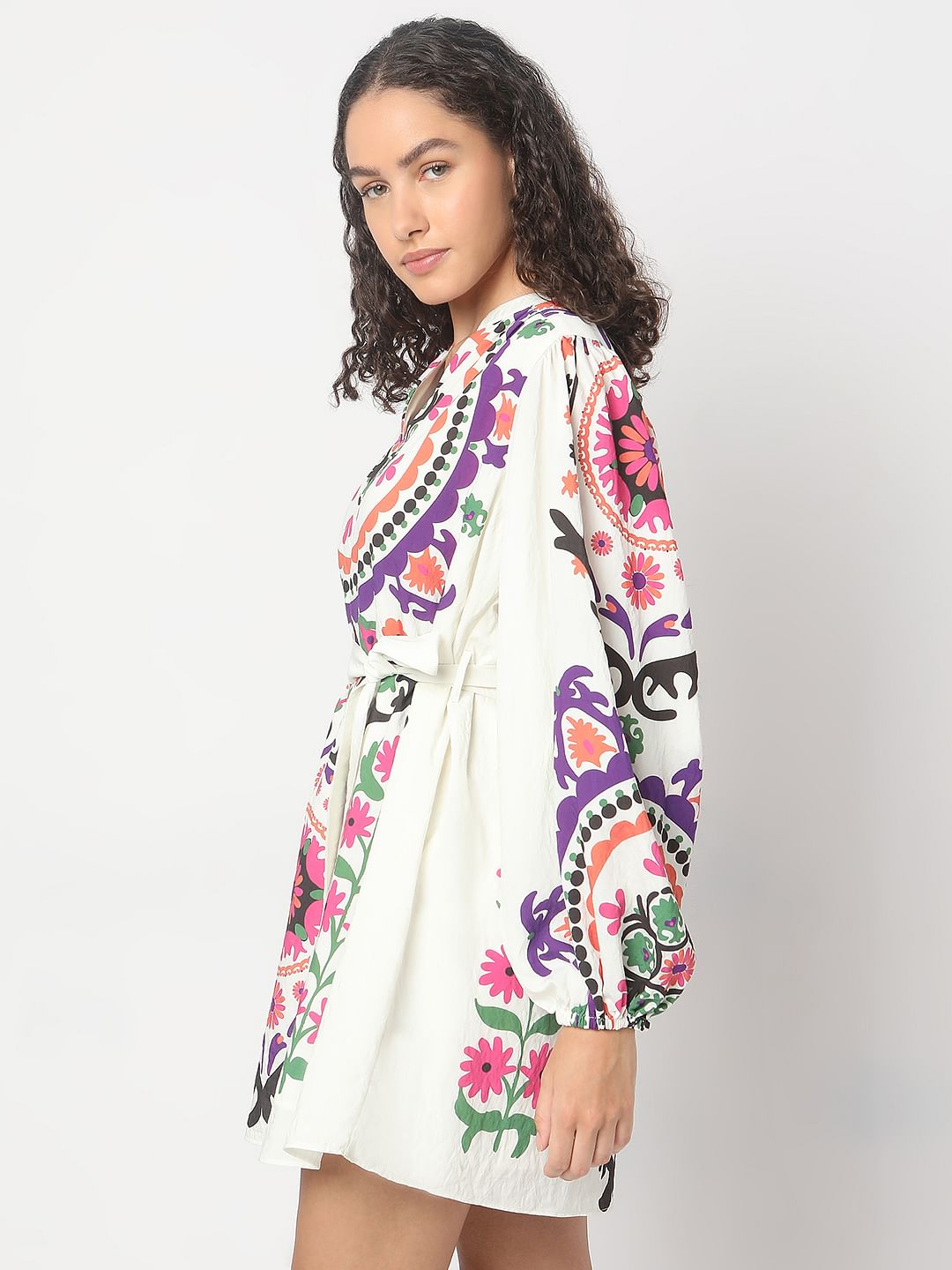 Beige Floral Print Short Dress