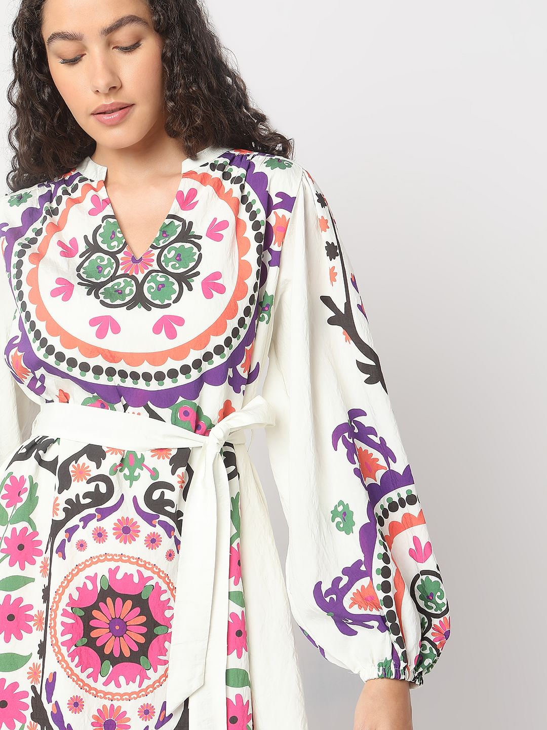 Beige Floral Print Short Dress