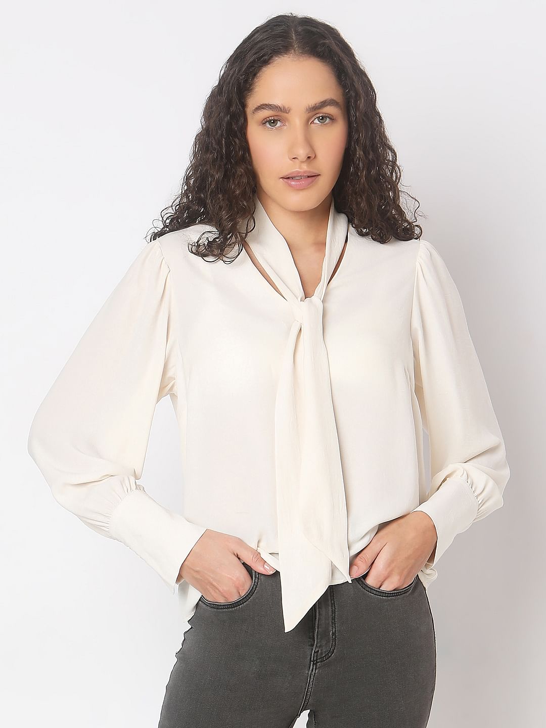 Beige Long Sleeve Bow Tie-Up Top