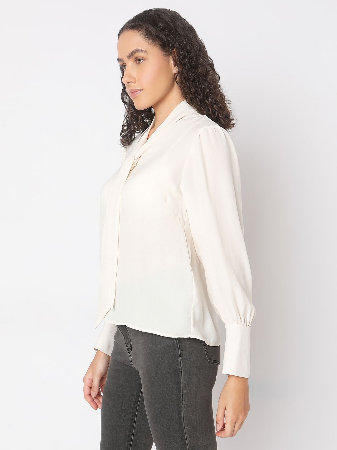 Beige Long Sleeve Bow Tie-Up Top