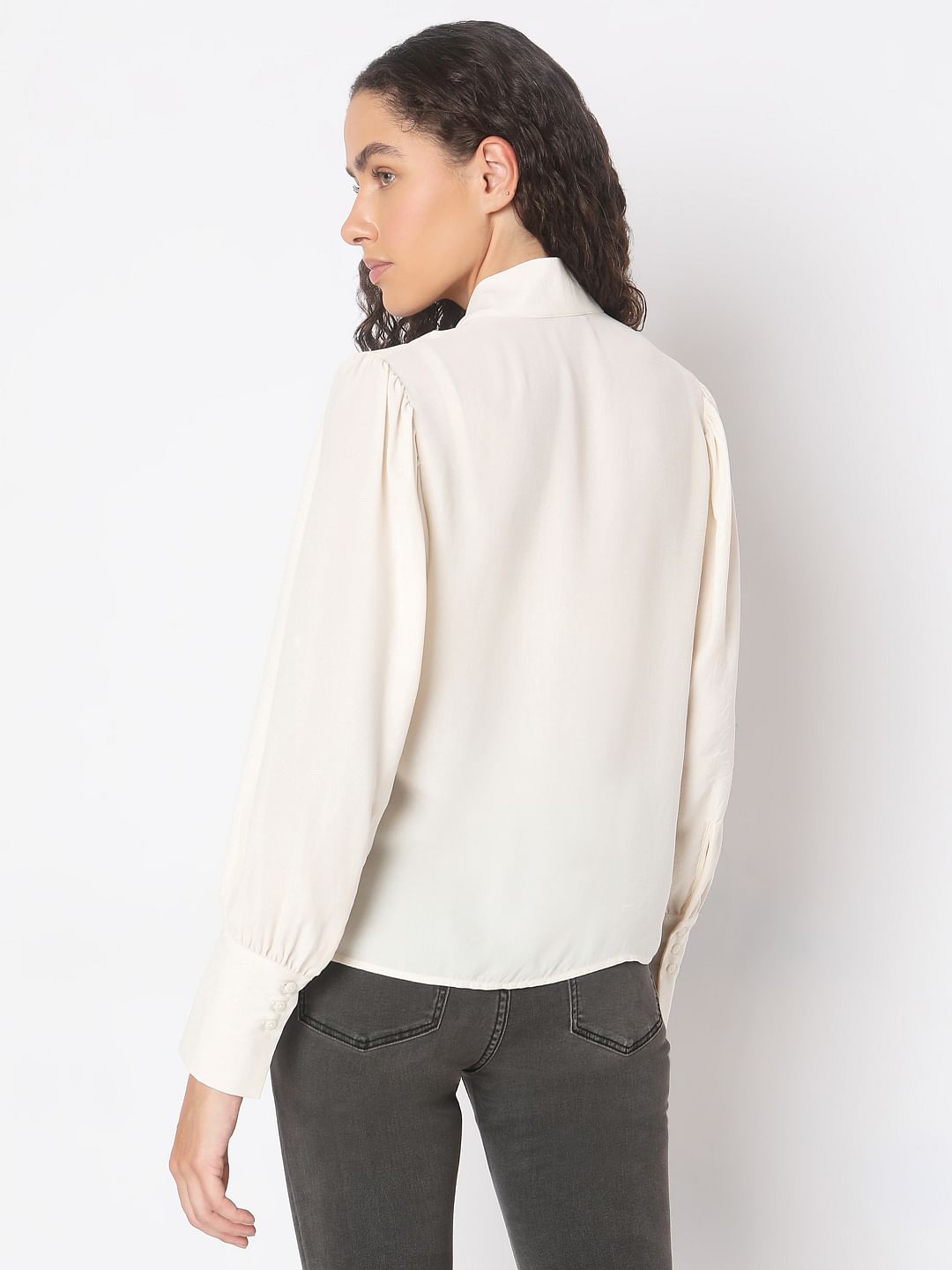 Beige Long Sleeve Bow Tie-Up Top