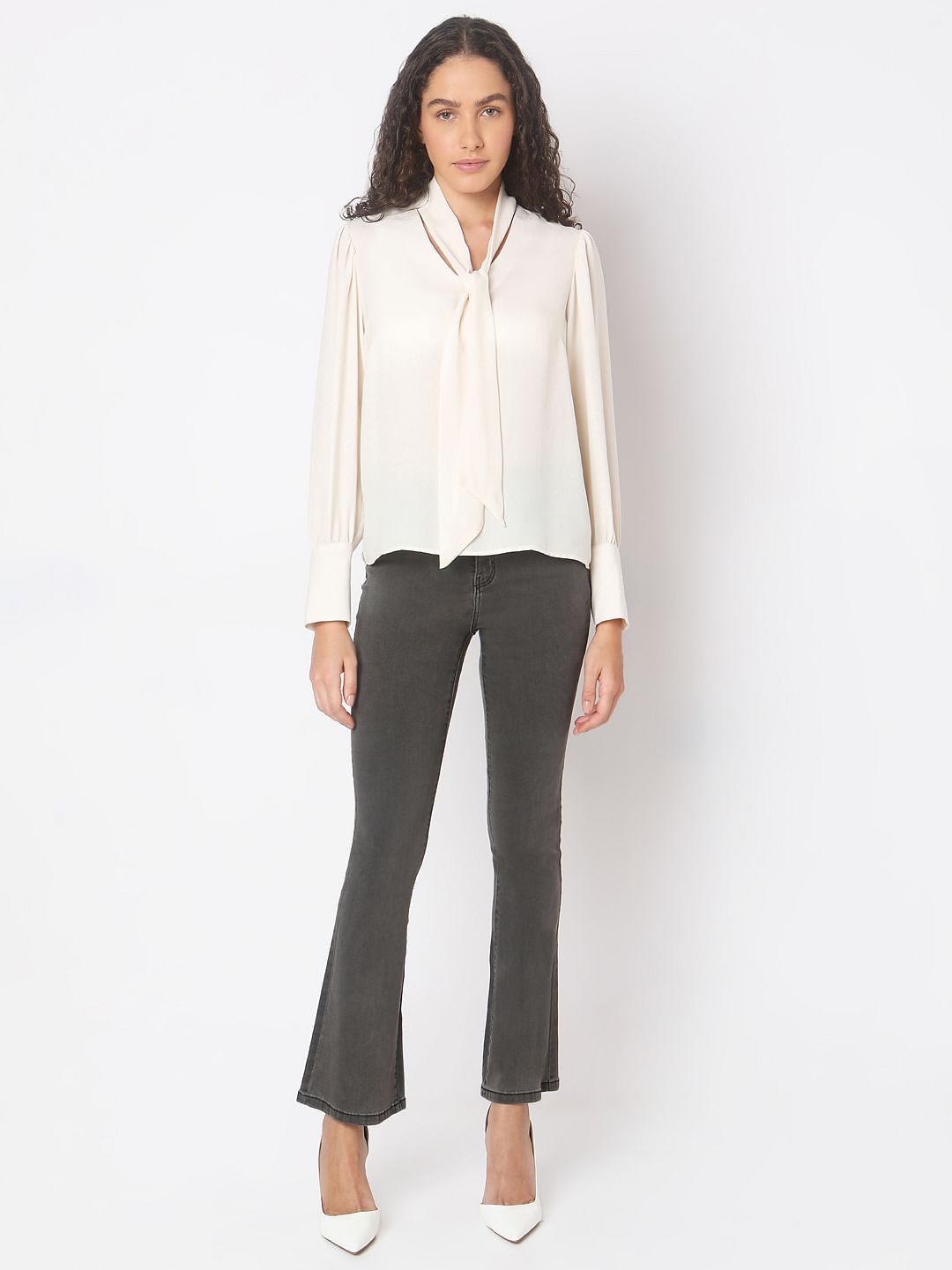Beige Long Sleeve Bow Tie-Up Top