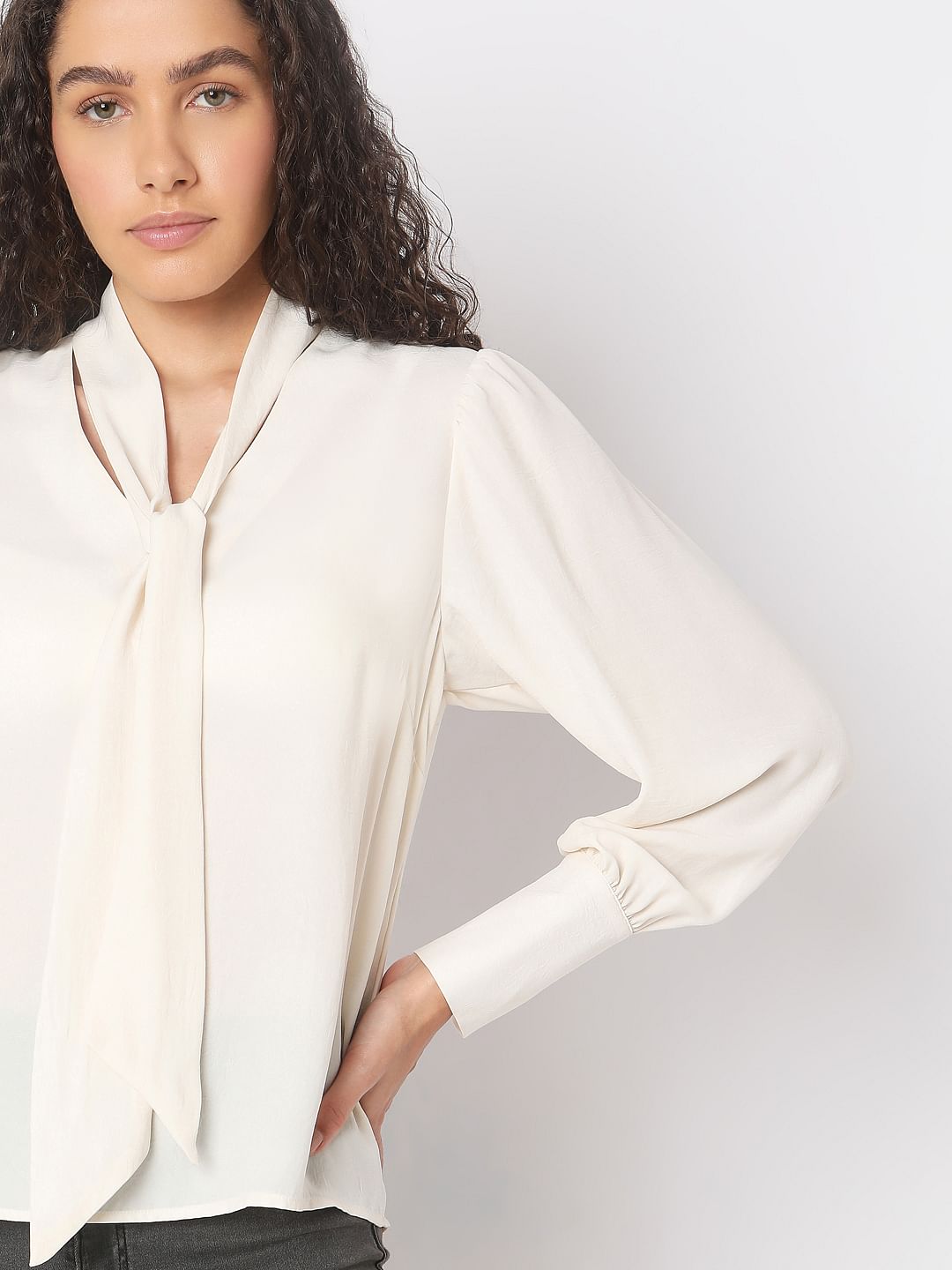 Beige Long Sleeve Bow Tie-Up Top