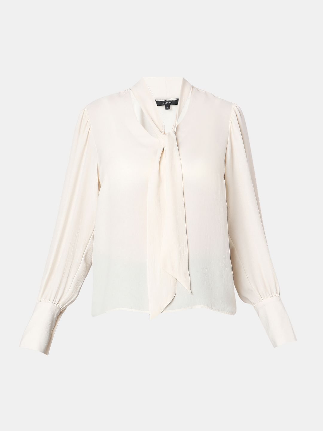 Beige Long Sleeve Bow Tie-Up Top
