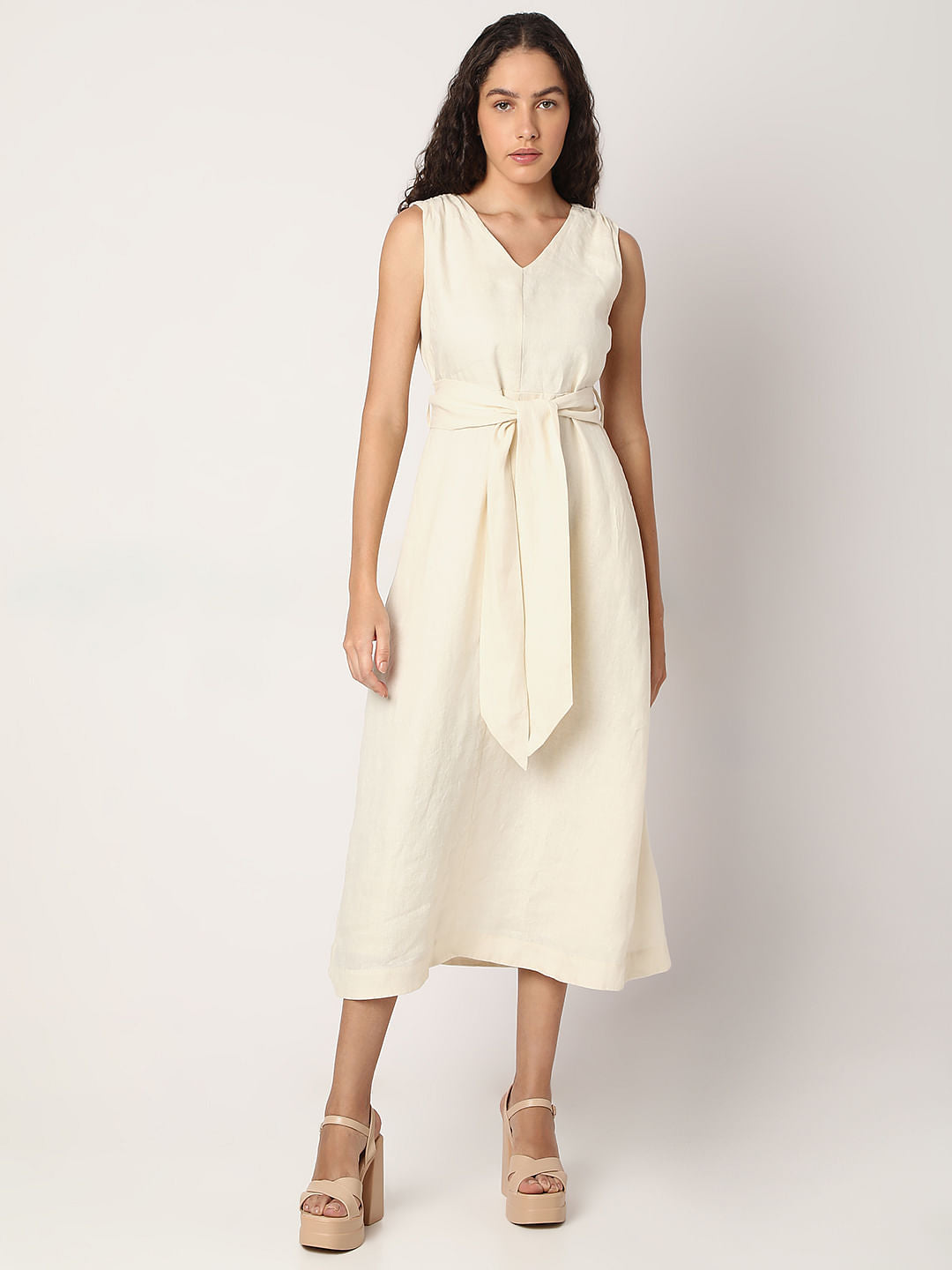Off-White Linen Midi Dress