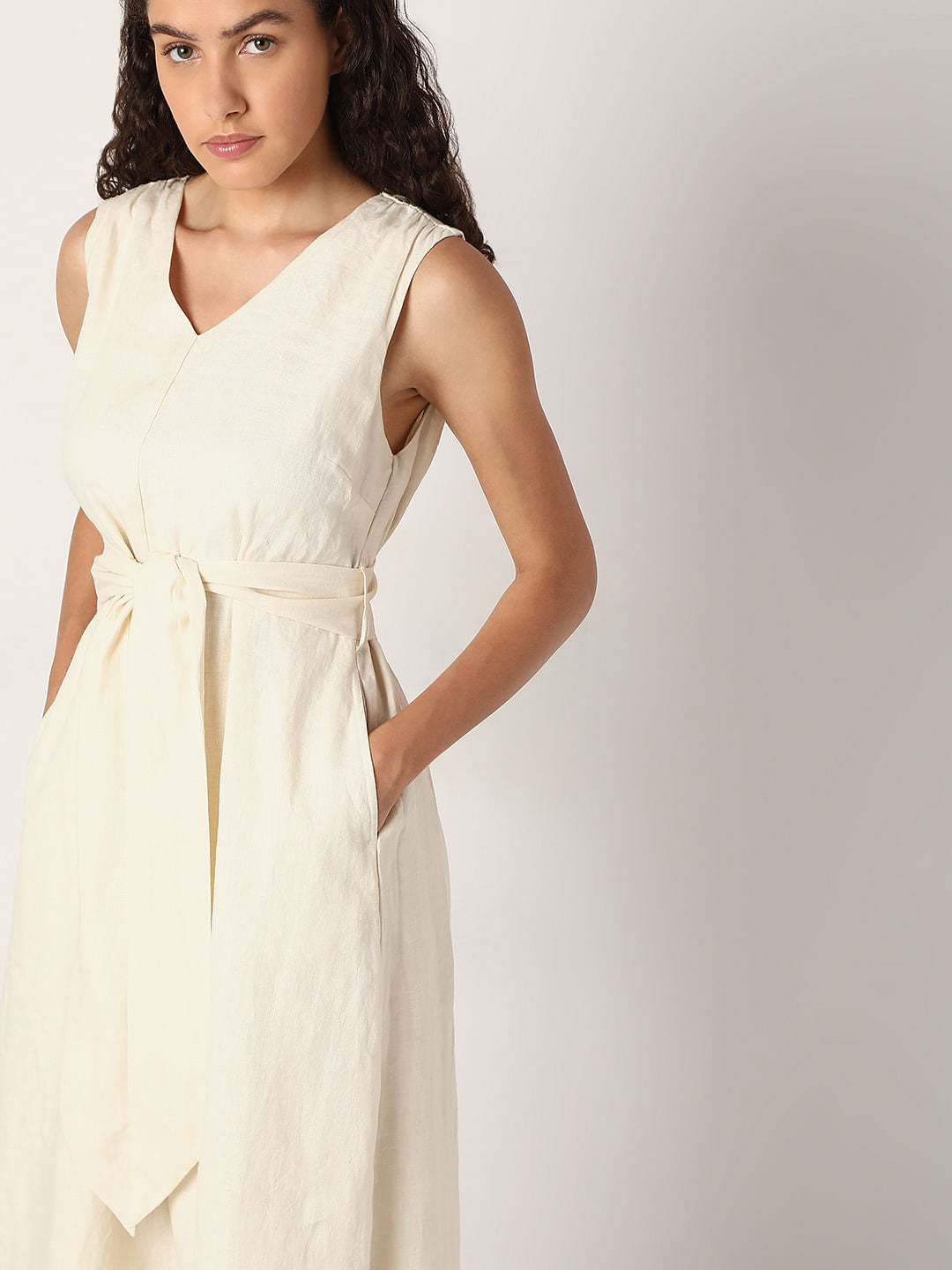 Off-White Linen Midi Dress