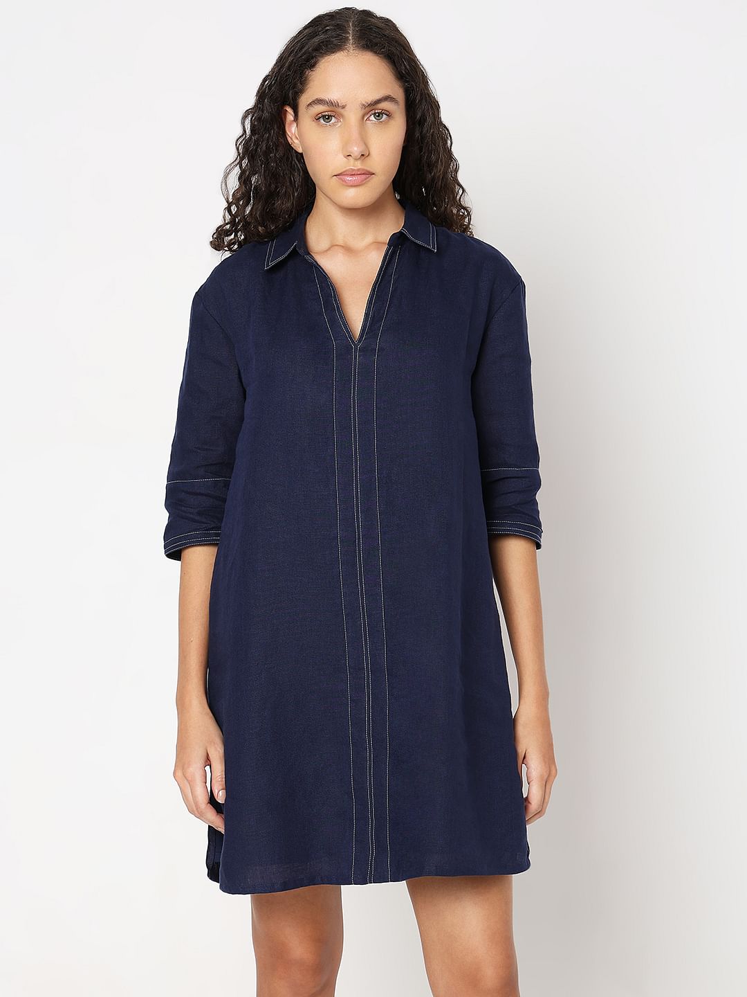 Blue V-Neck Shift Dress