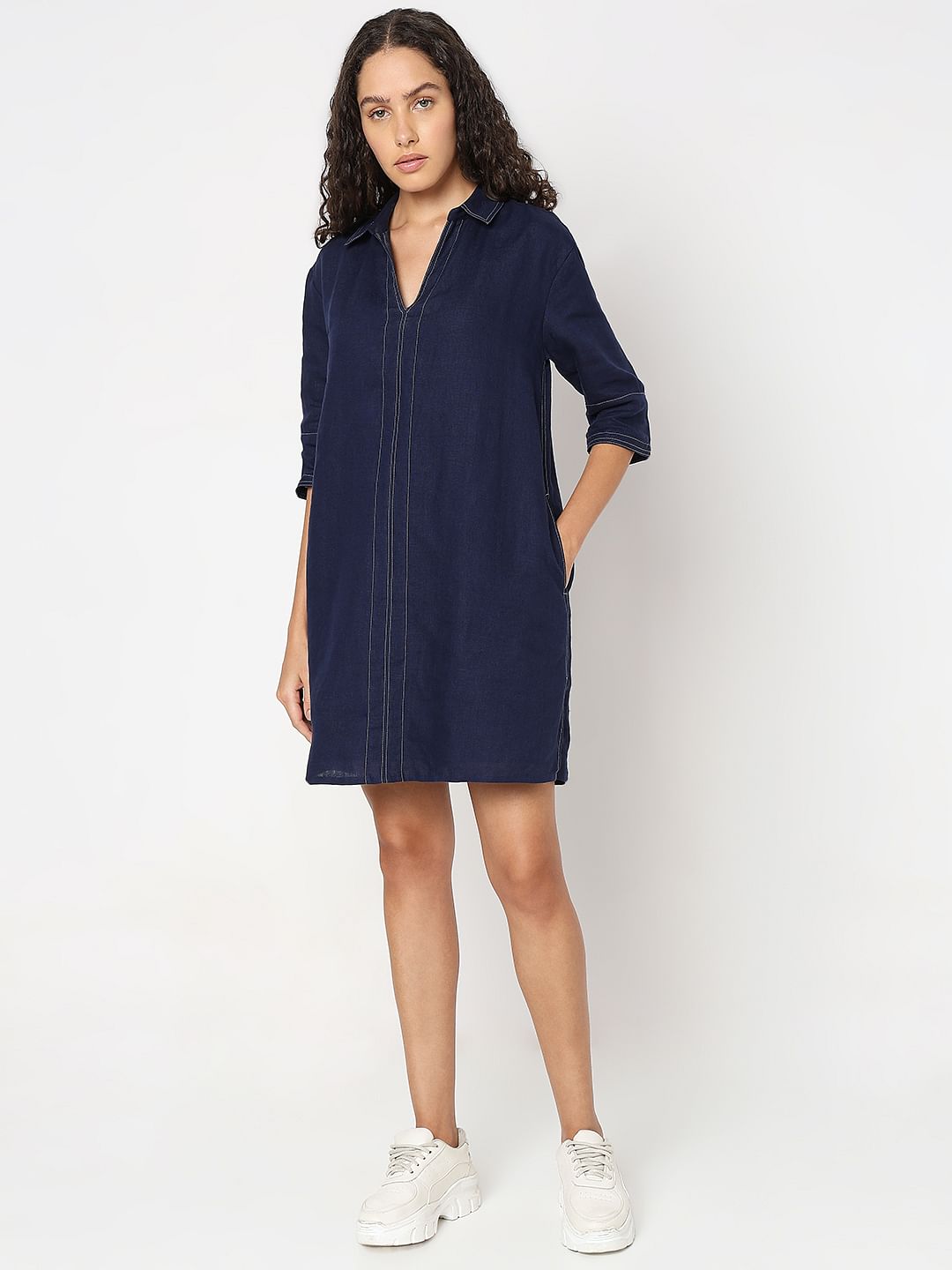 Blue V-Neck Shift Dress