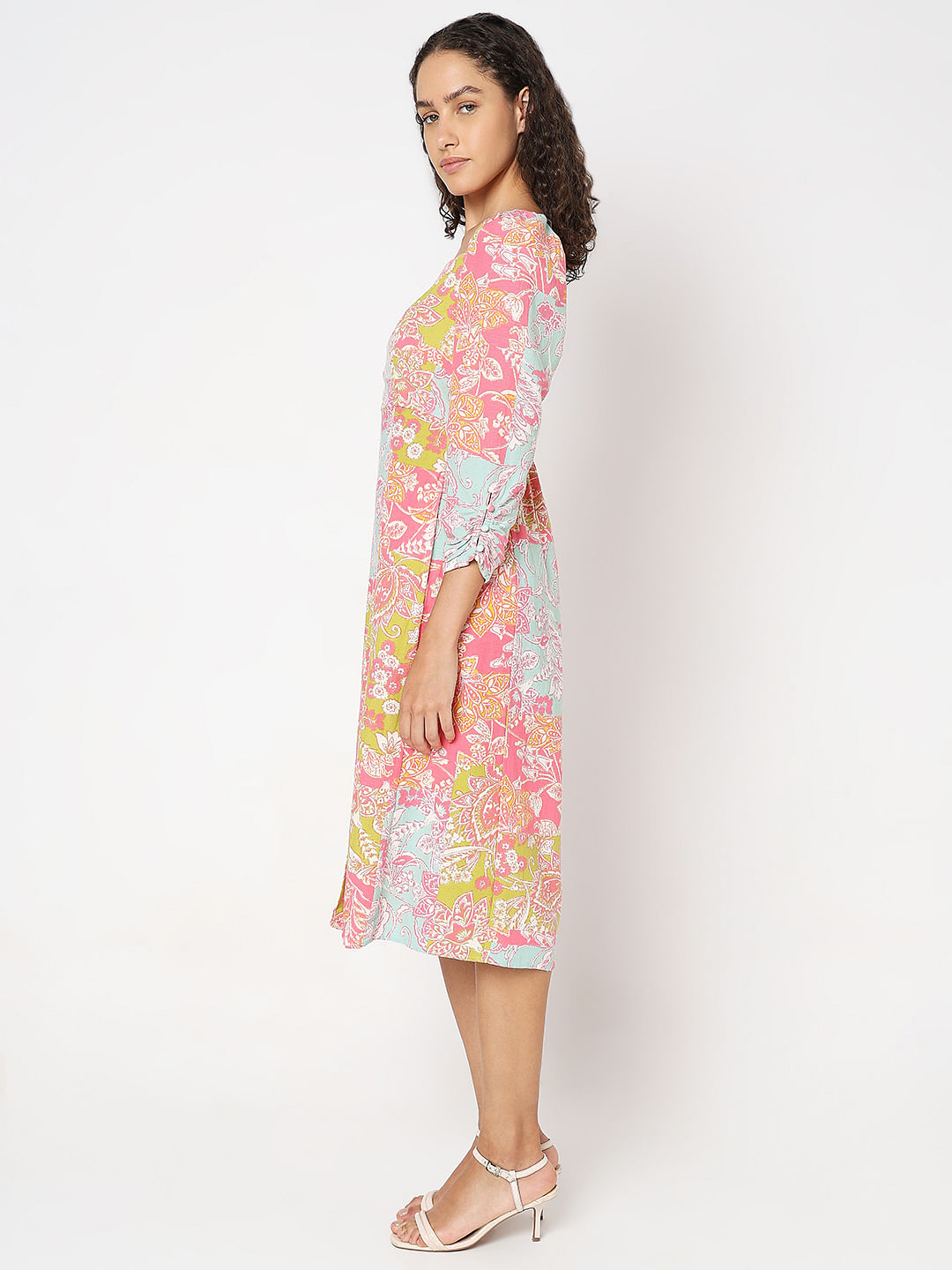 Pink Floral Print Midi Dress