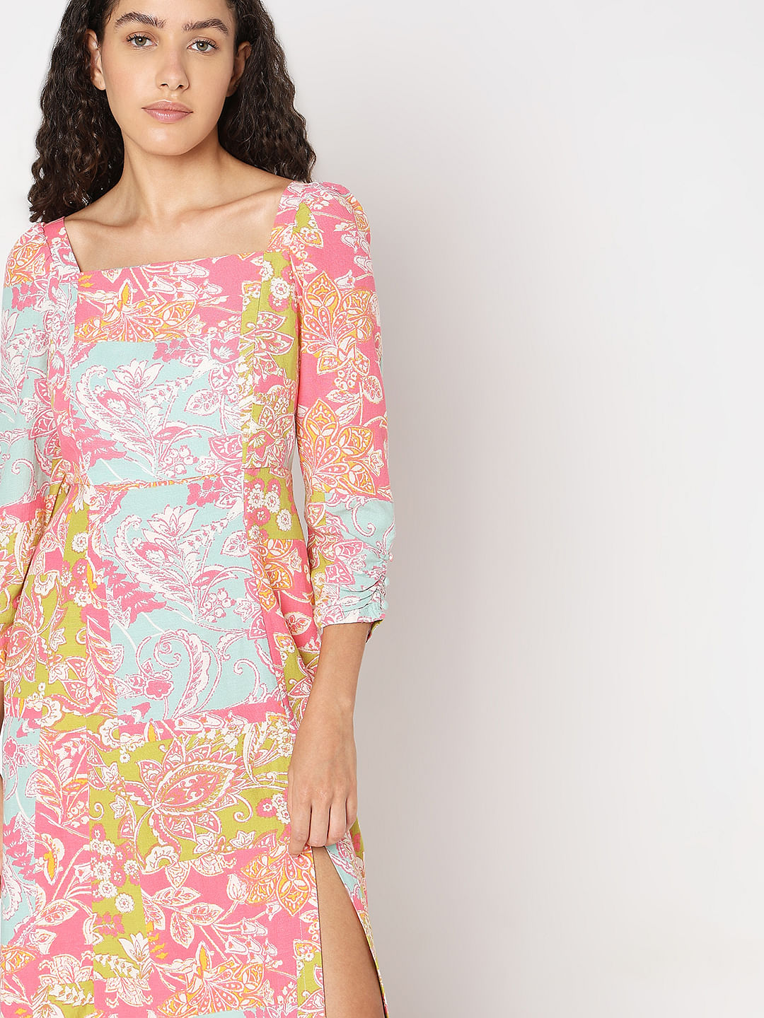 Pink Floral Print Midi Dress