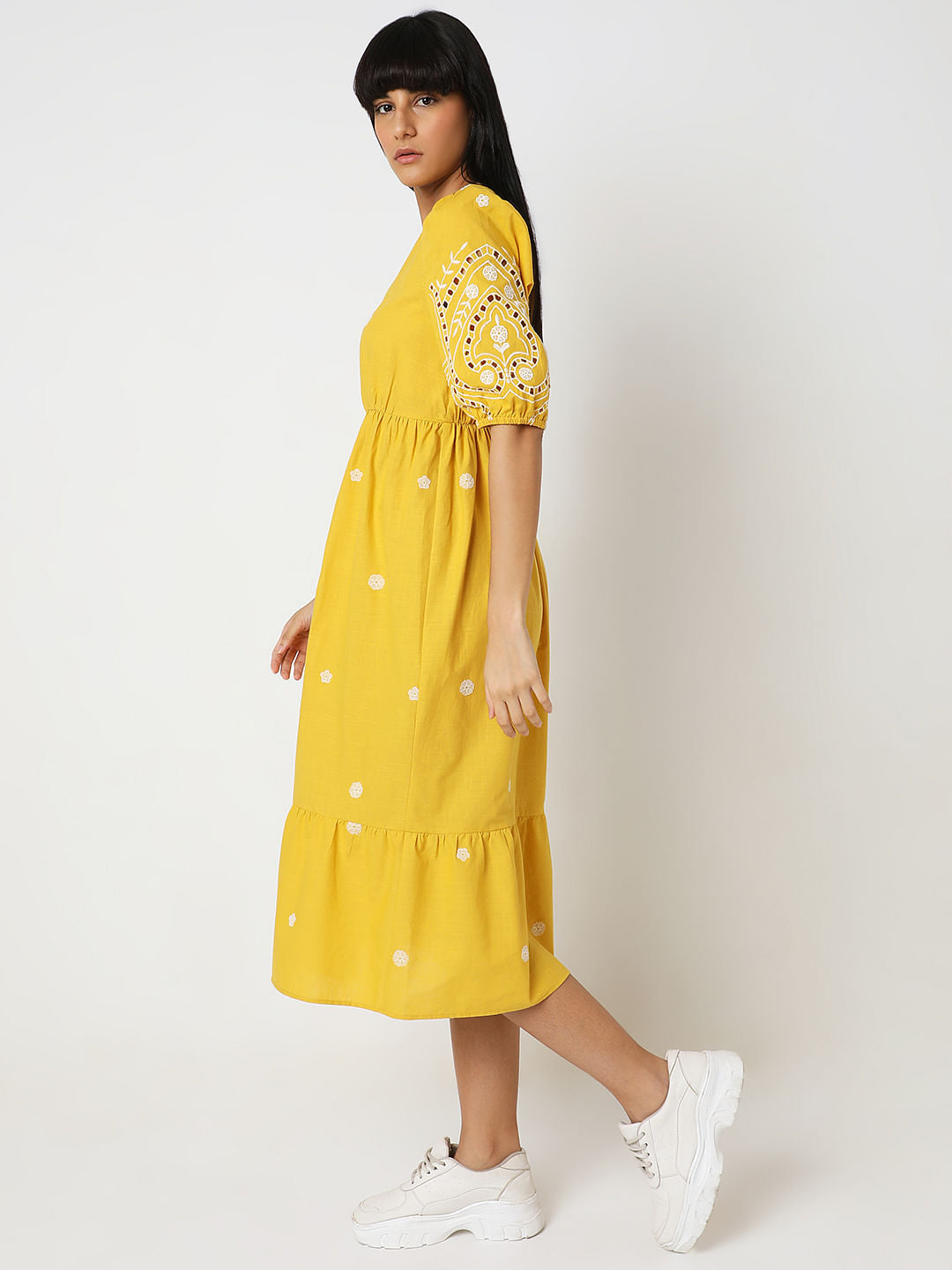 Yellow Embroidered Cotton Midi Dress