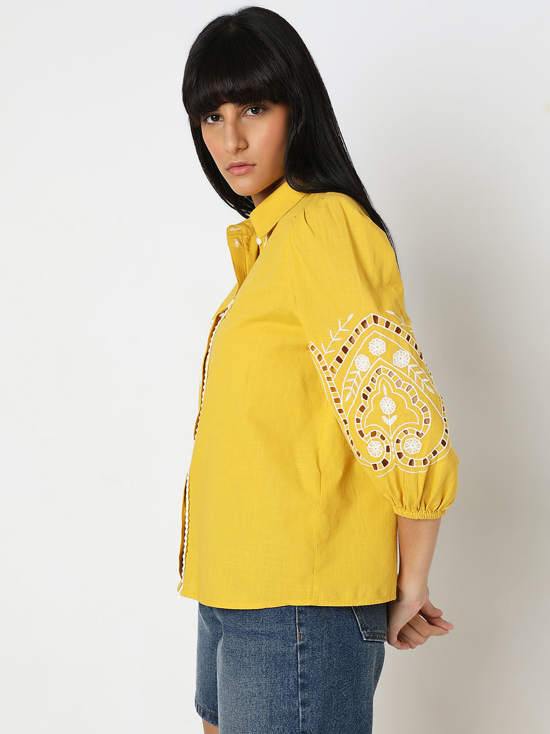 Yellow Embroidered Cotton Shirt