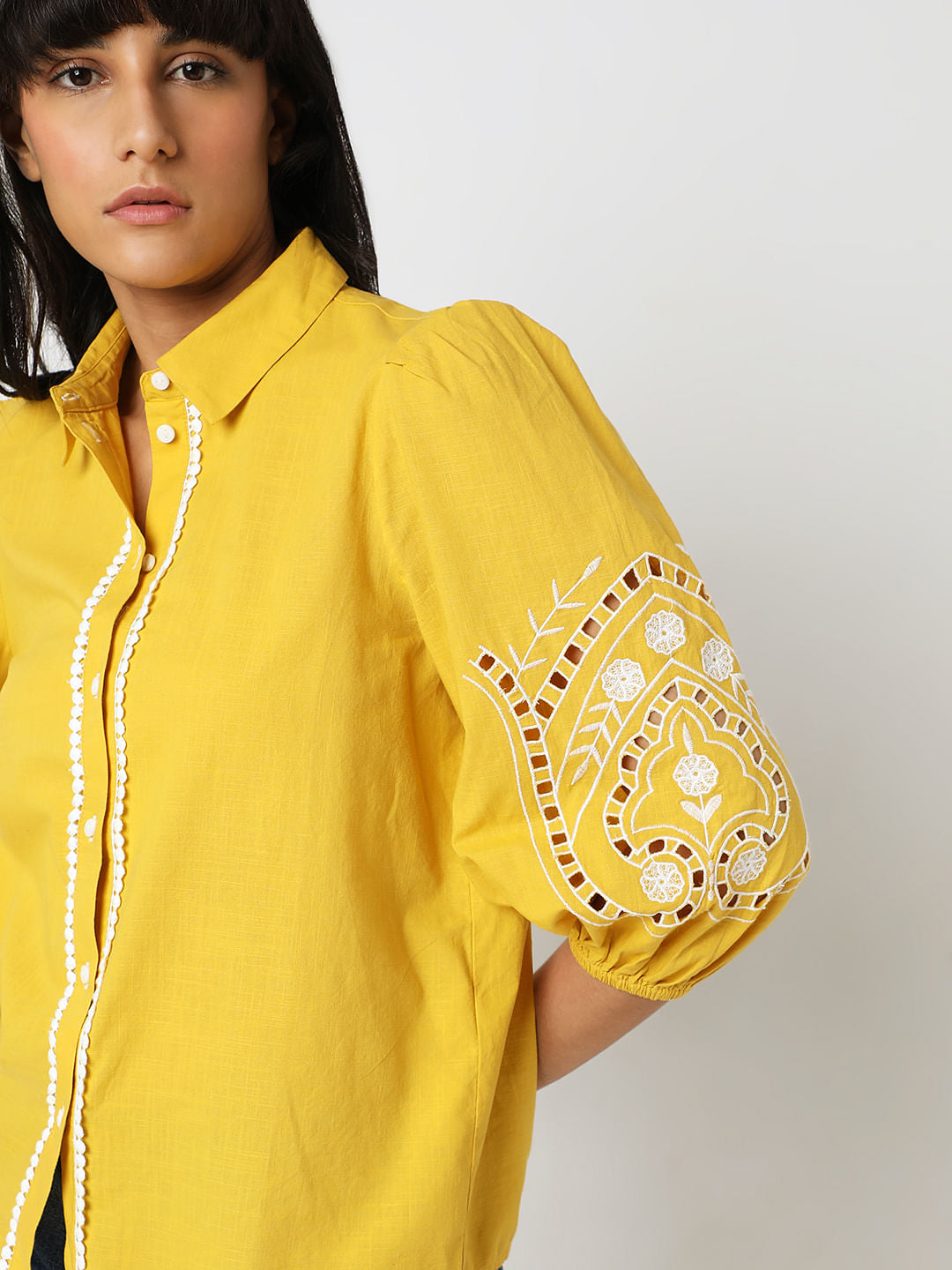 Yellow Embroidered Cotton Shirt
