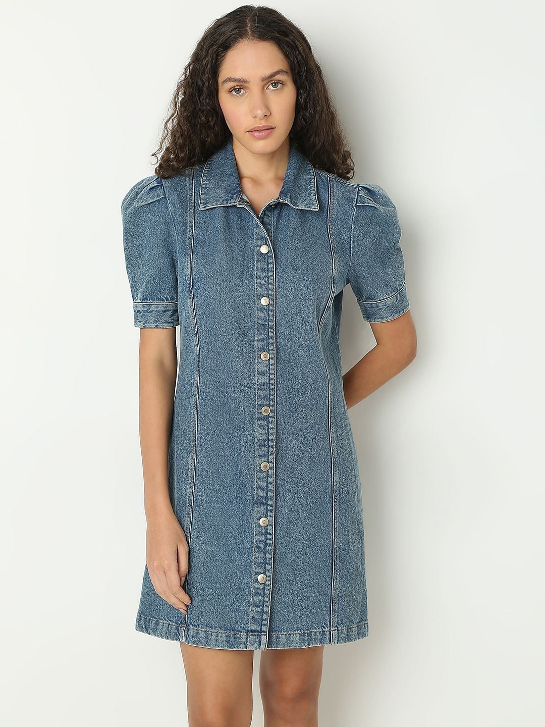 Blue Puffed Sleeves Denim Dress