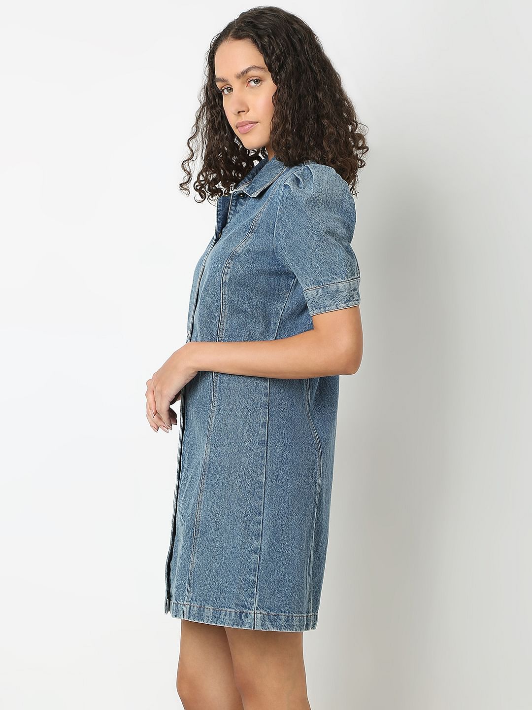 Blue Puffed Sleeves Denim Dress