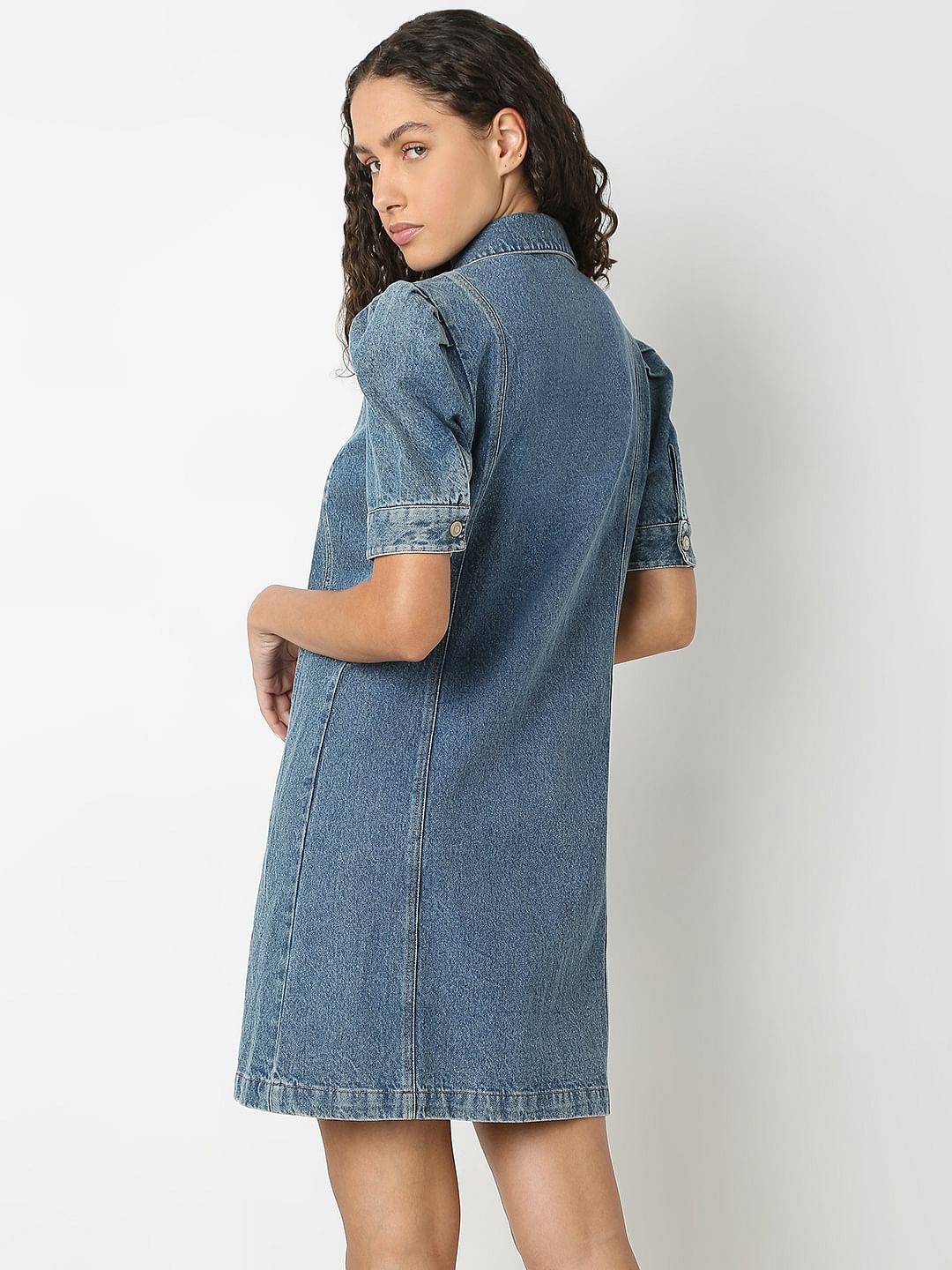 Blue Puffed Sleeves Denim Dress