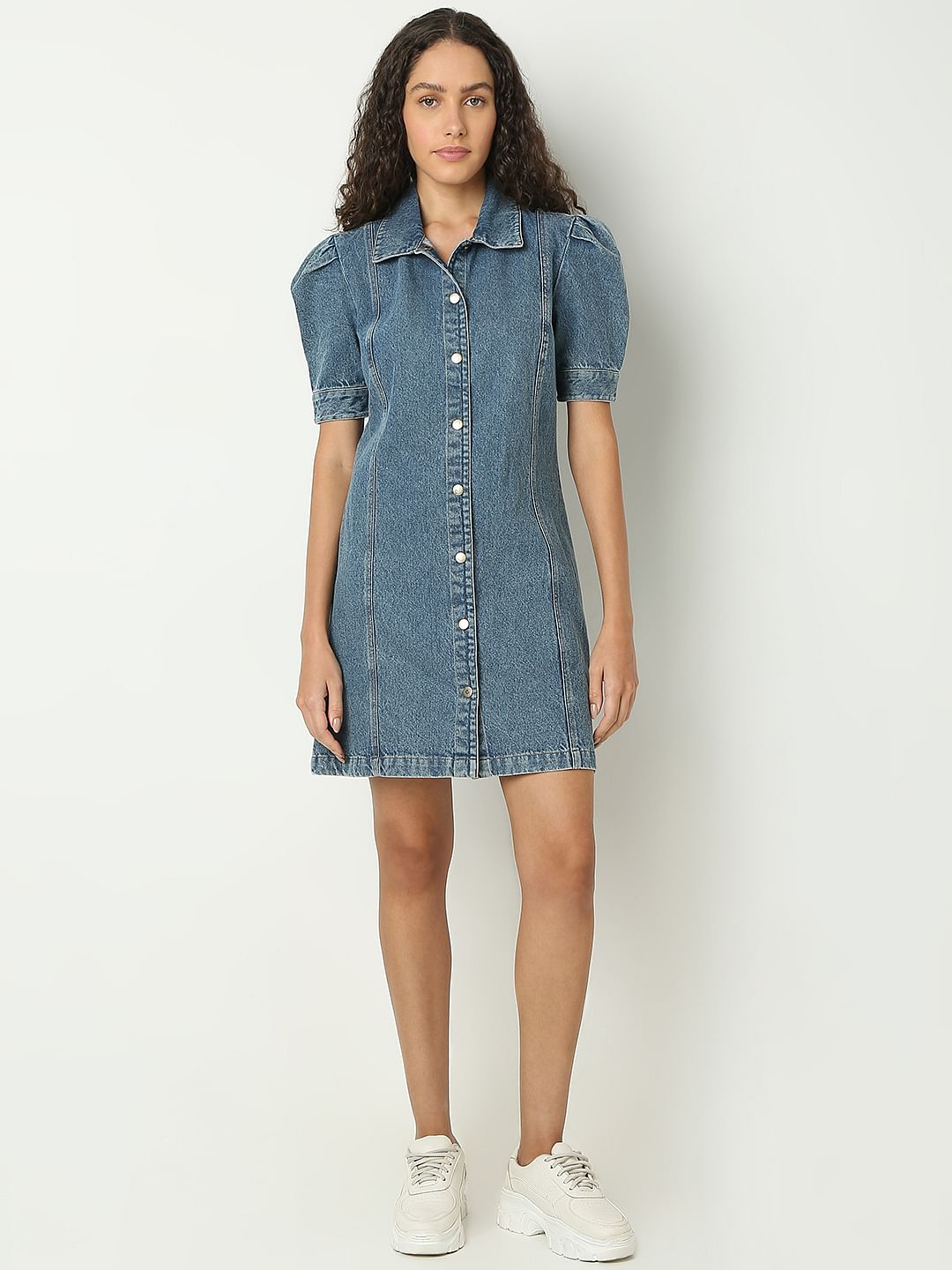 Blue Puffed Sleeves Denim Dress