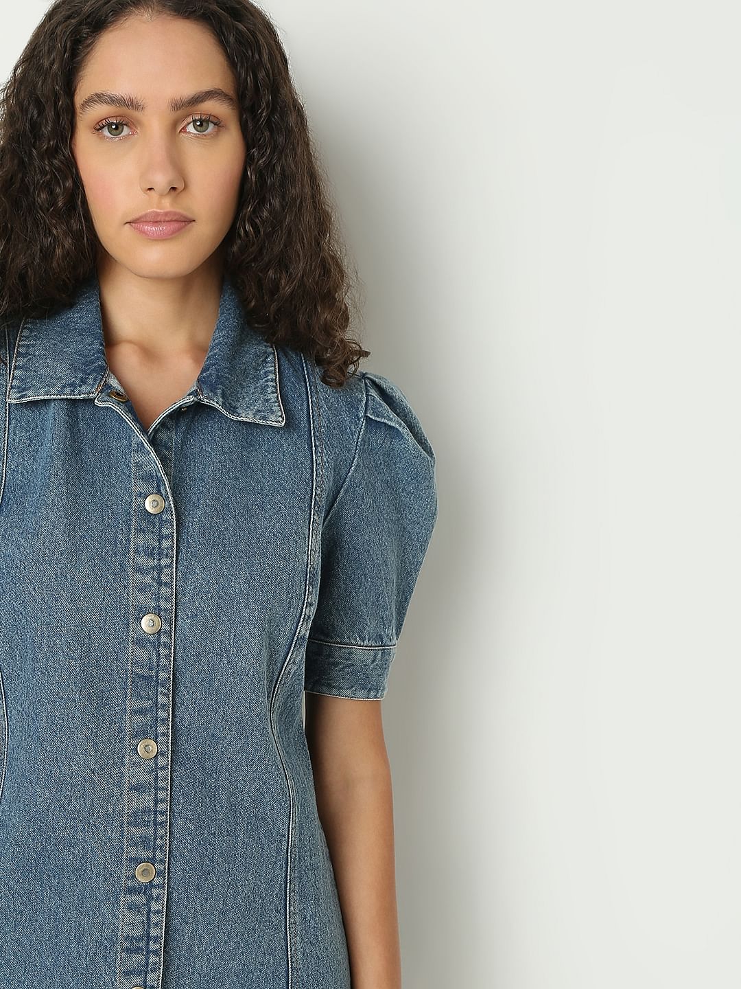 Blue Puffed Sleeves Denim Dress