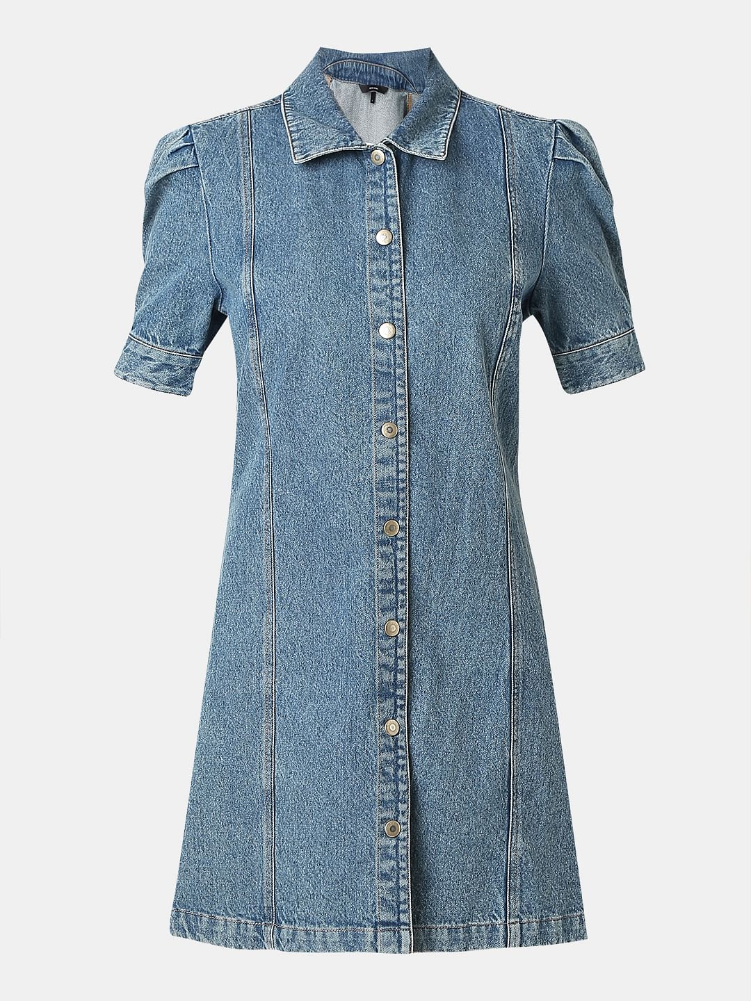 Blue Puffed Sleeves Denim Dress