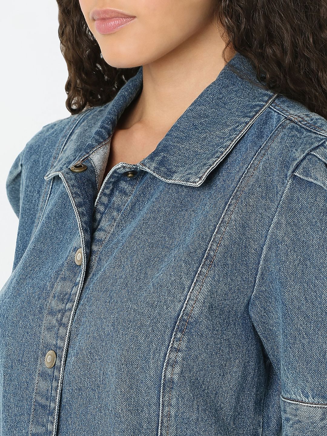 Blue Puffed Sleeves Denim Dress