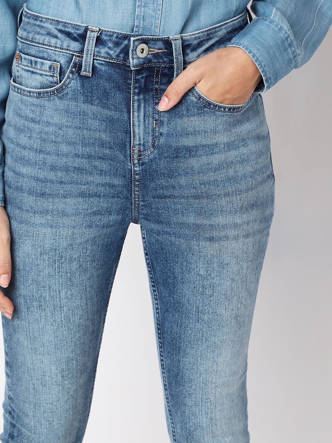 Blue Mid Rise Faded Skinny Fit Jeans
