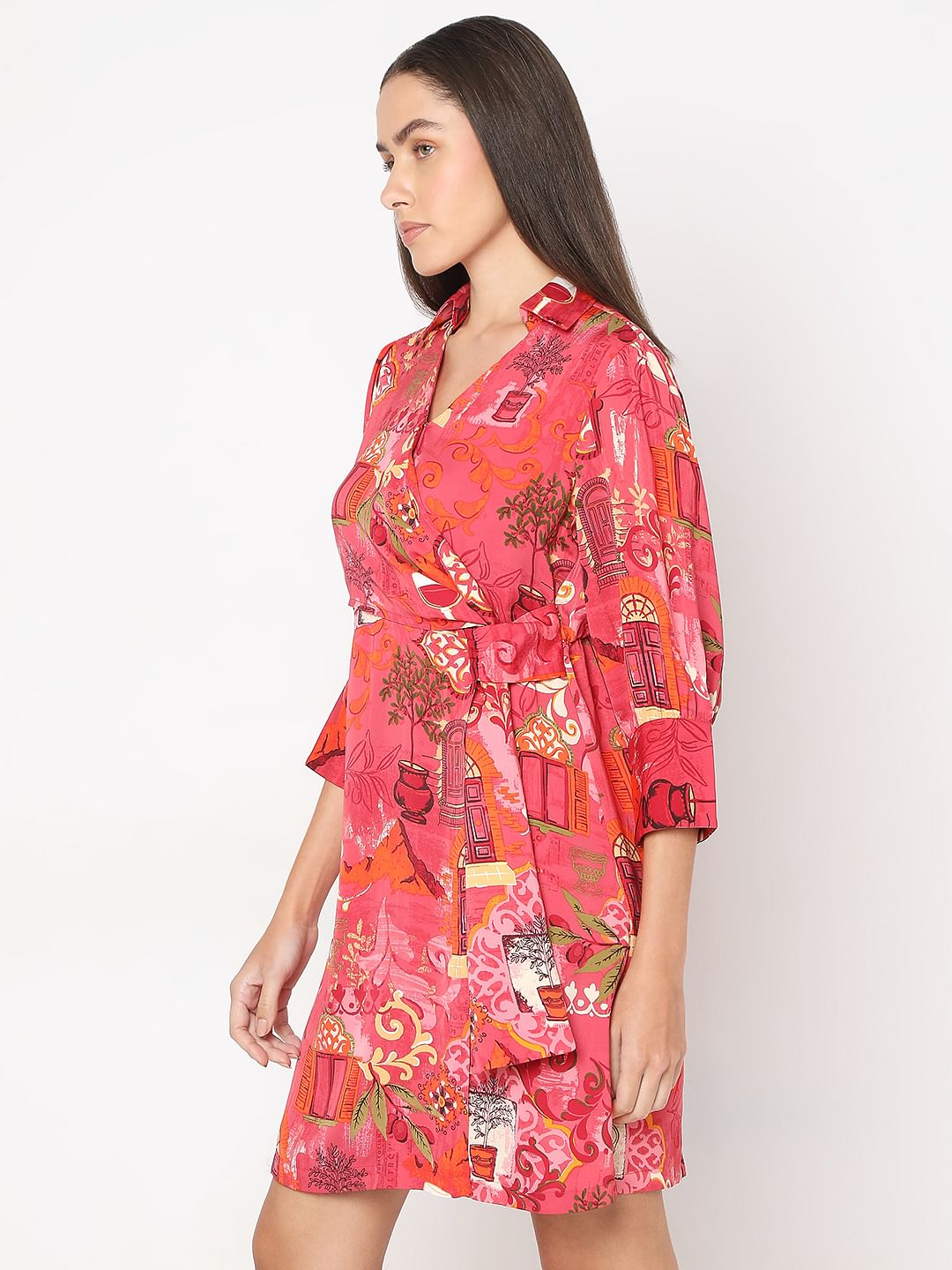 Red Wrap Printed Dress