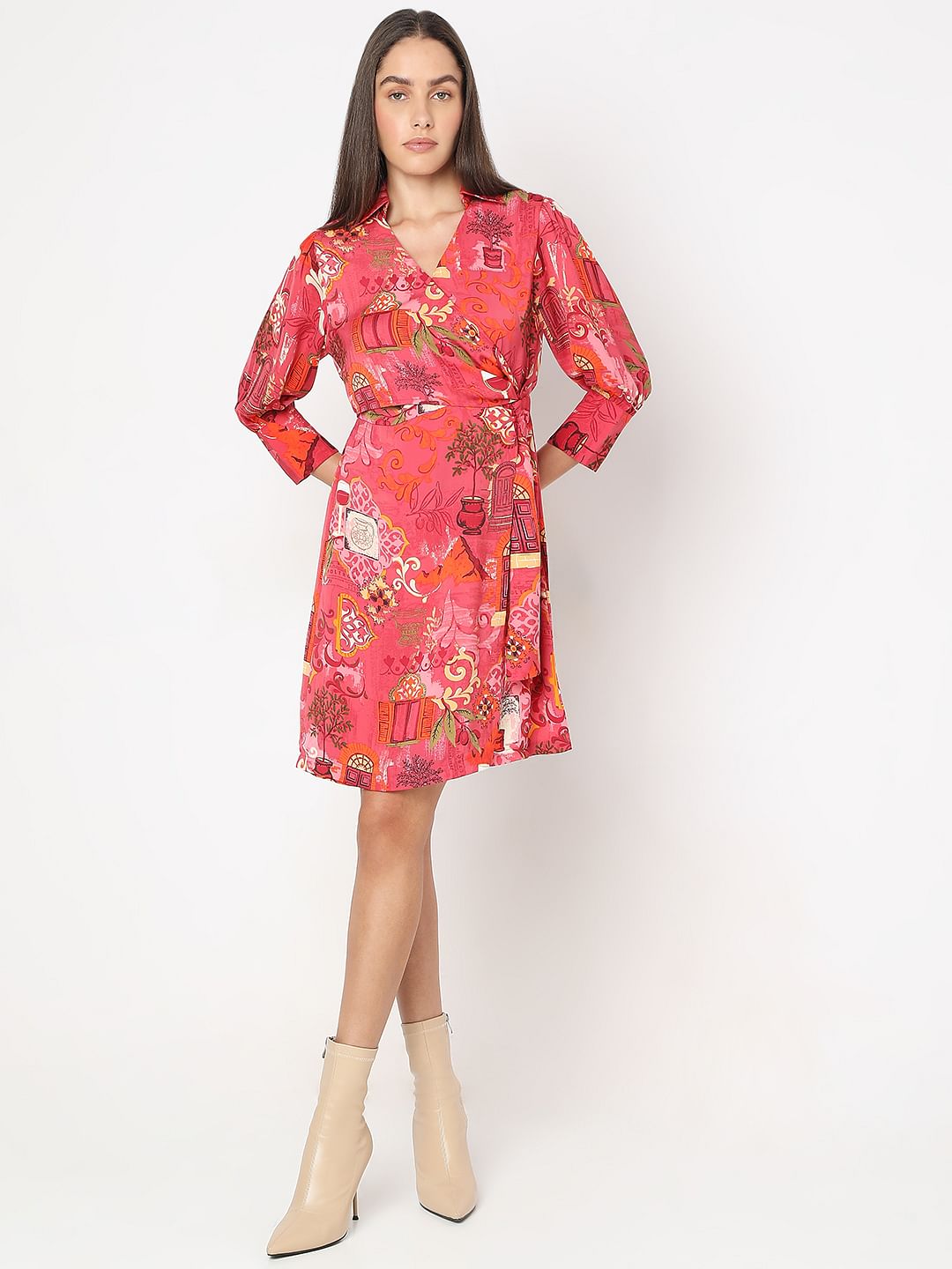 Red Wrap Printed Dress