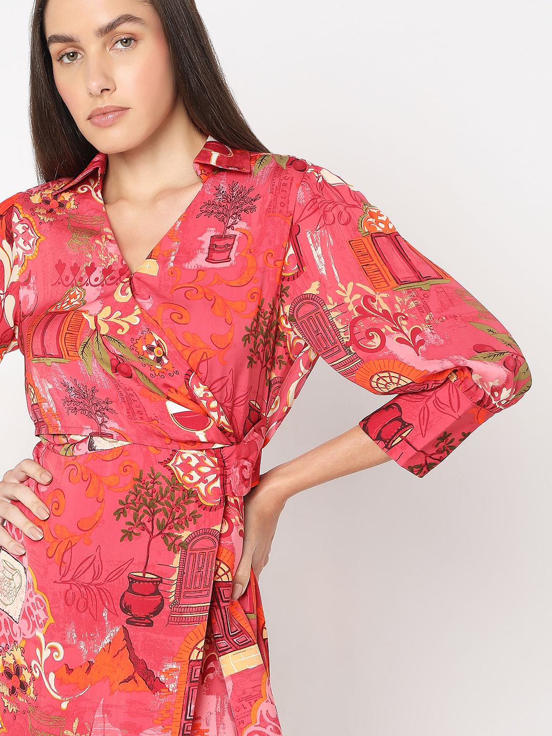 Red Wrap Printed Dress