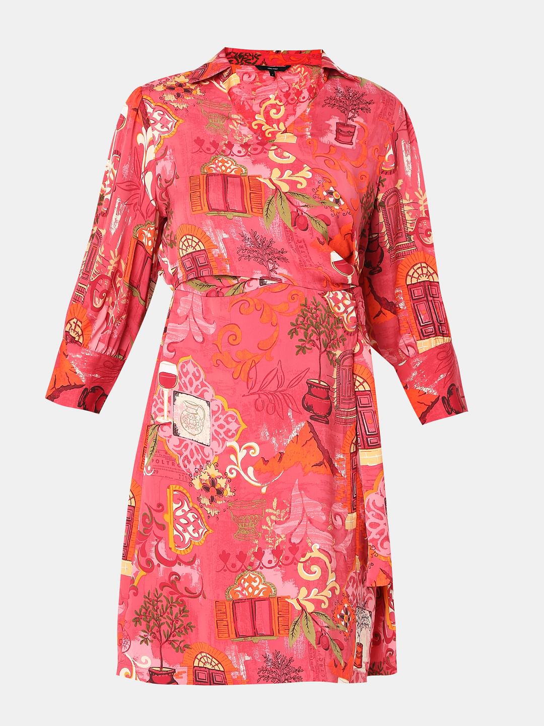 Red Wrap Printed Dress