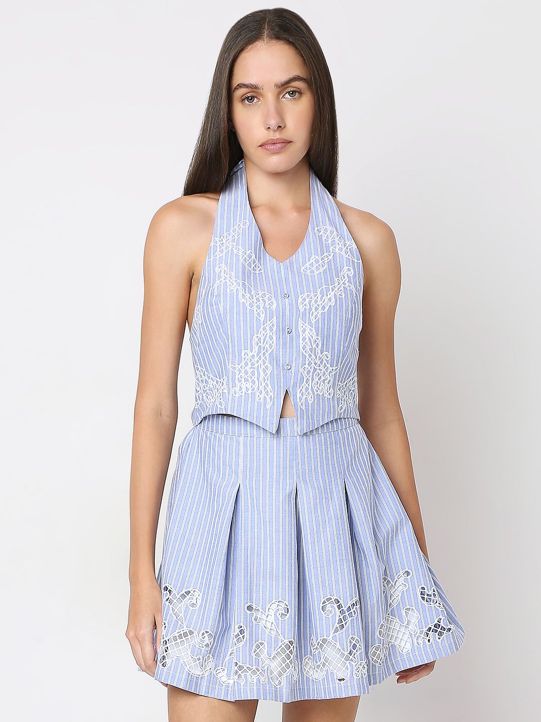 Blue Stripes Embroidered Mini Dress