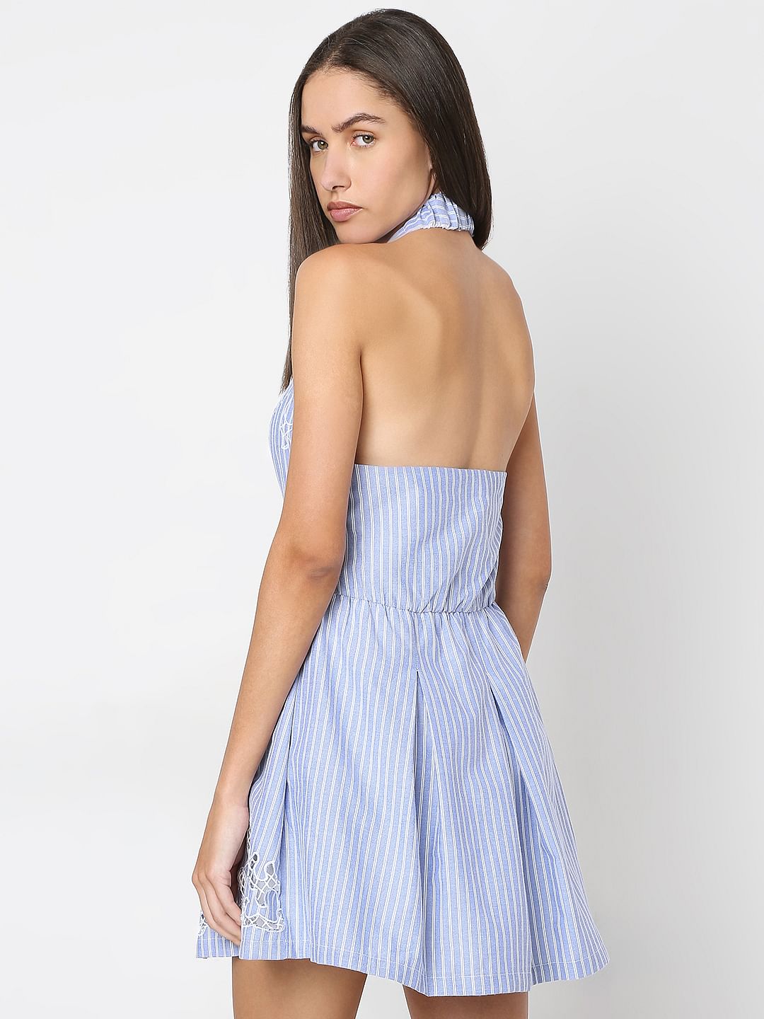 Blue Stripes Embroidered Mini Dress