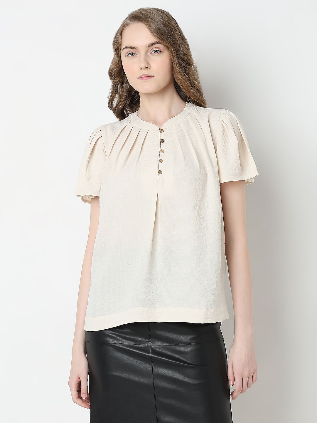 Cream Short Sleeves Top