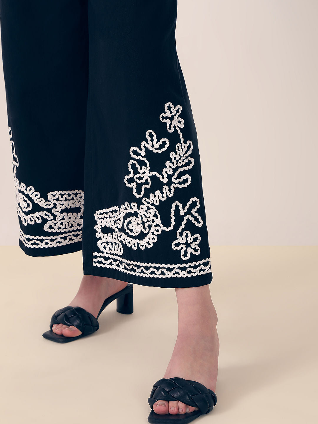 Black Embroidered Co-Ord Set Pants