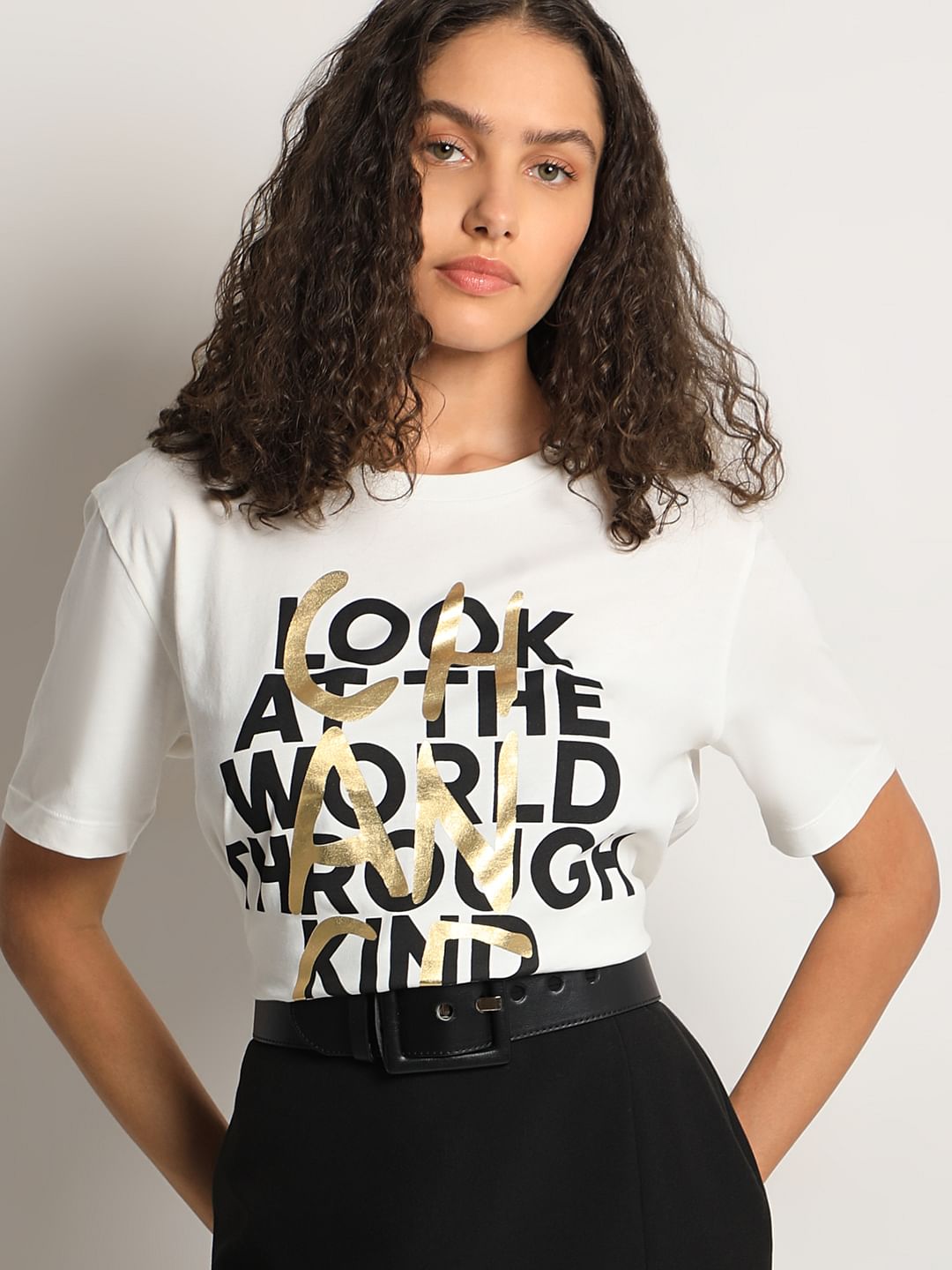 White Typographic Print Cotton T-Shirt