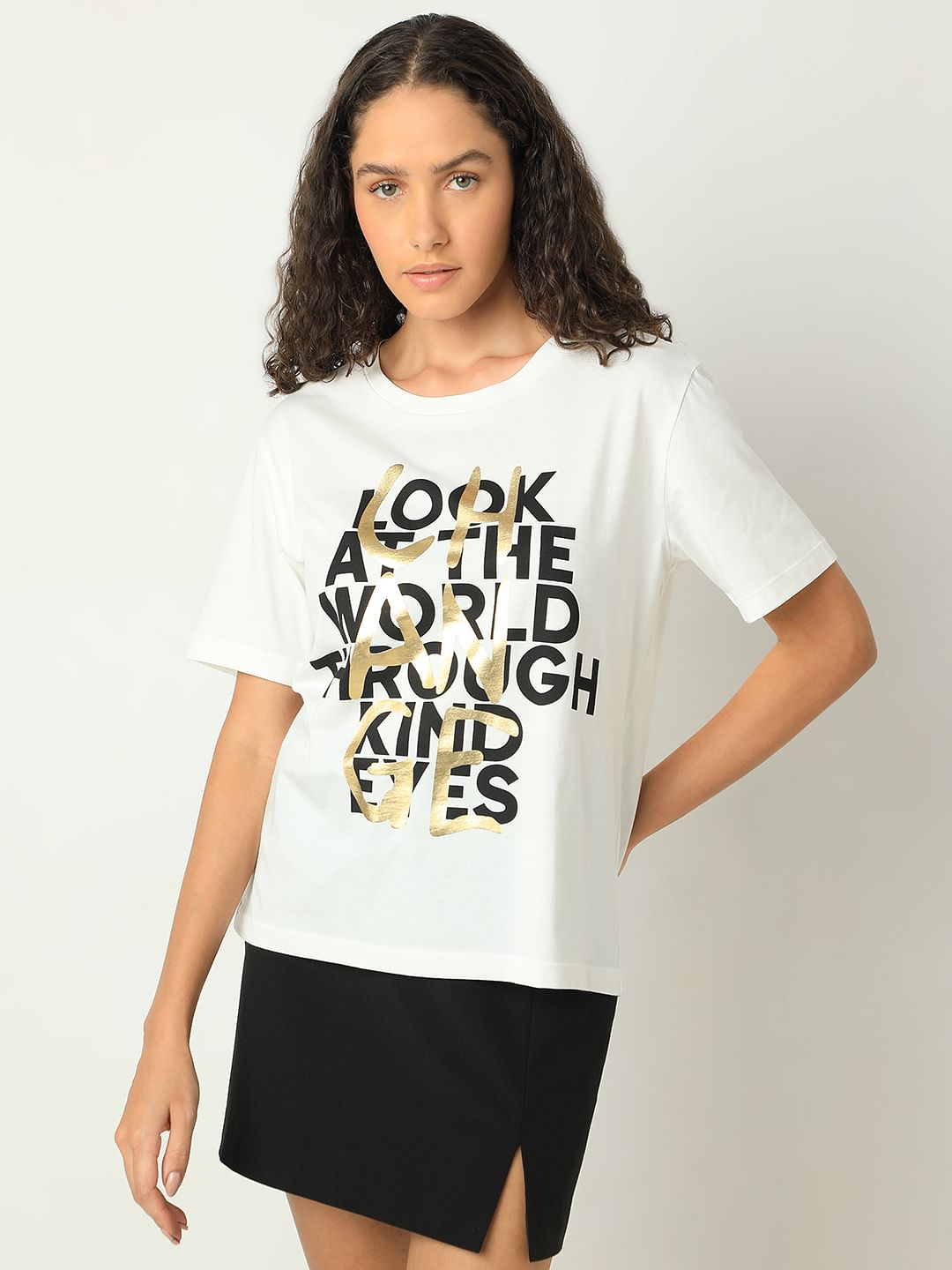 White Typographic Print Cotton T-Shirt