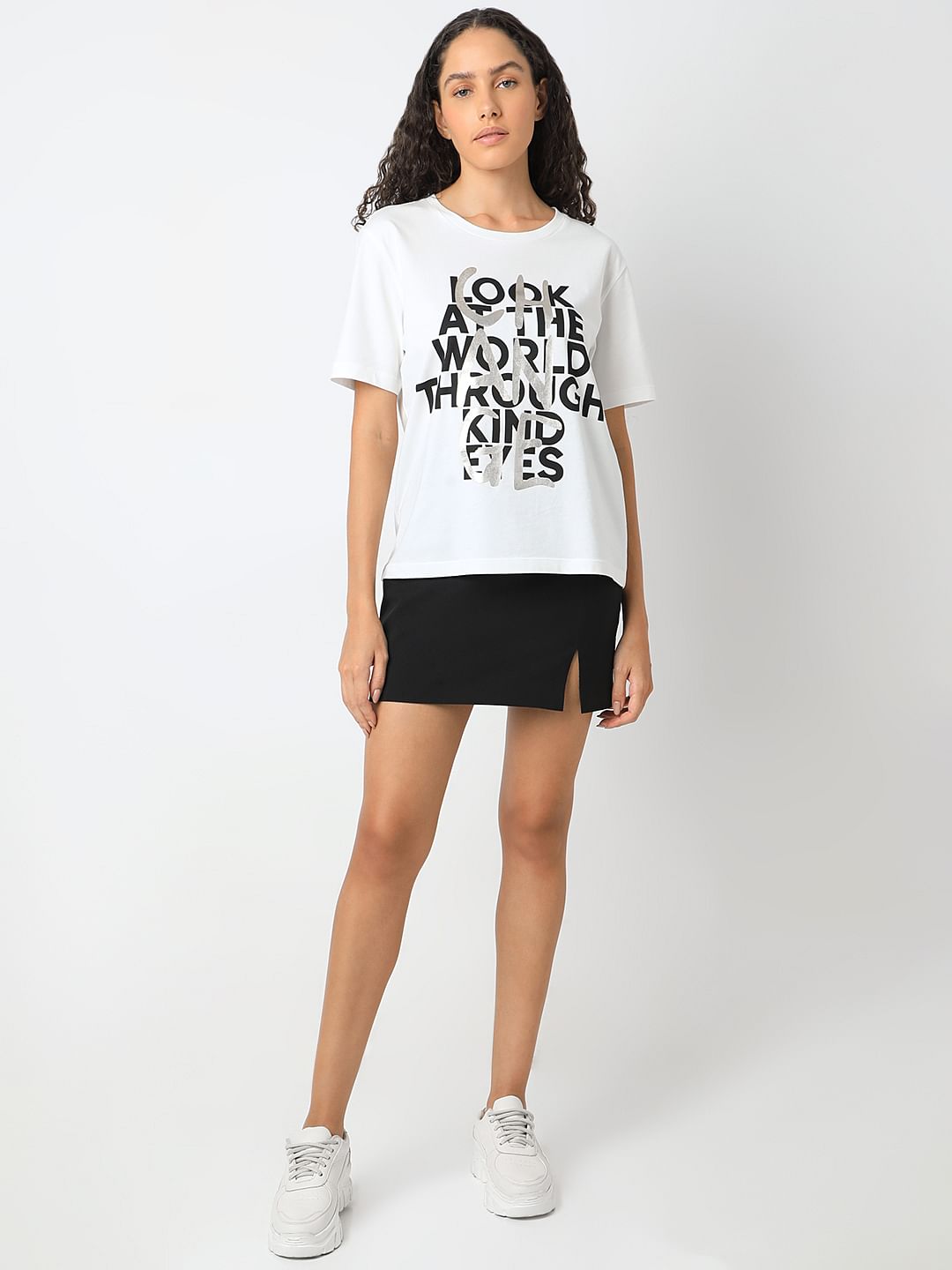 White Typographic Print Cotton T-Shirt