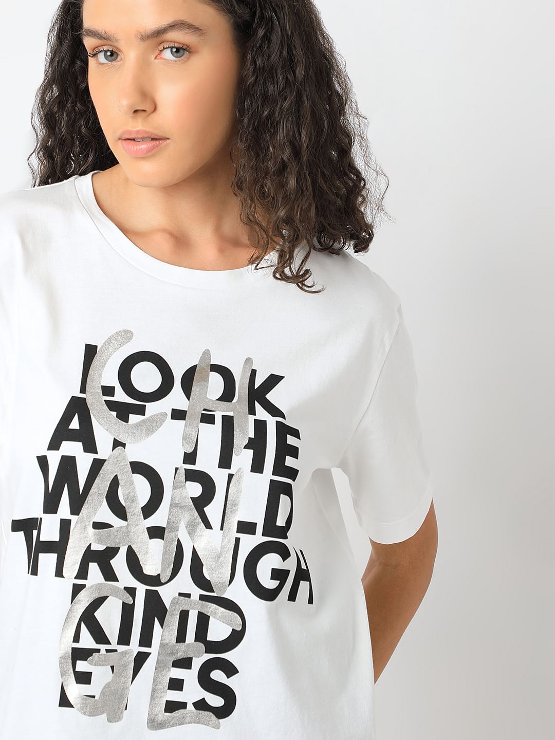 White Typographic Print Cotton T-Shirt