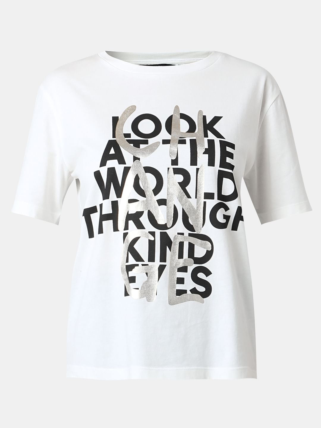 White Typographic Print Cotton T-Shirt