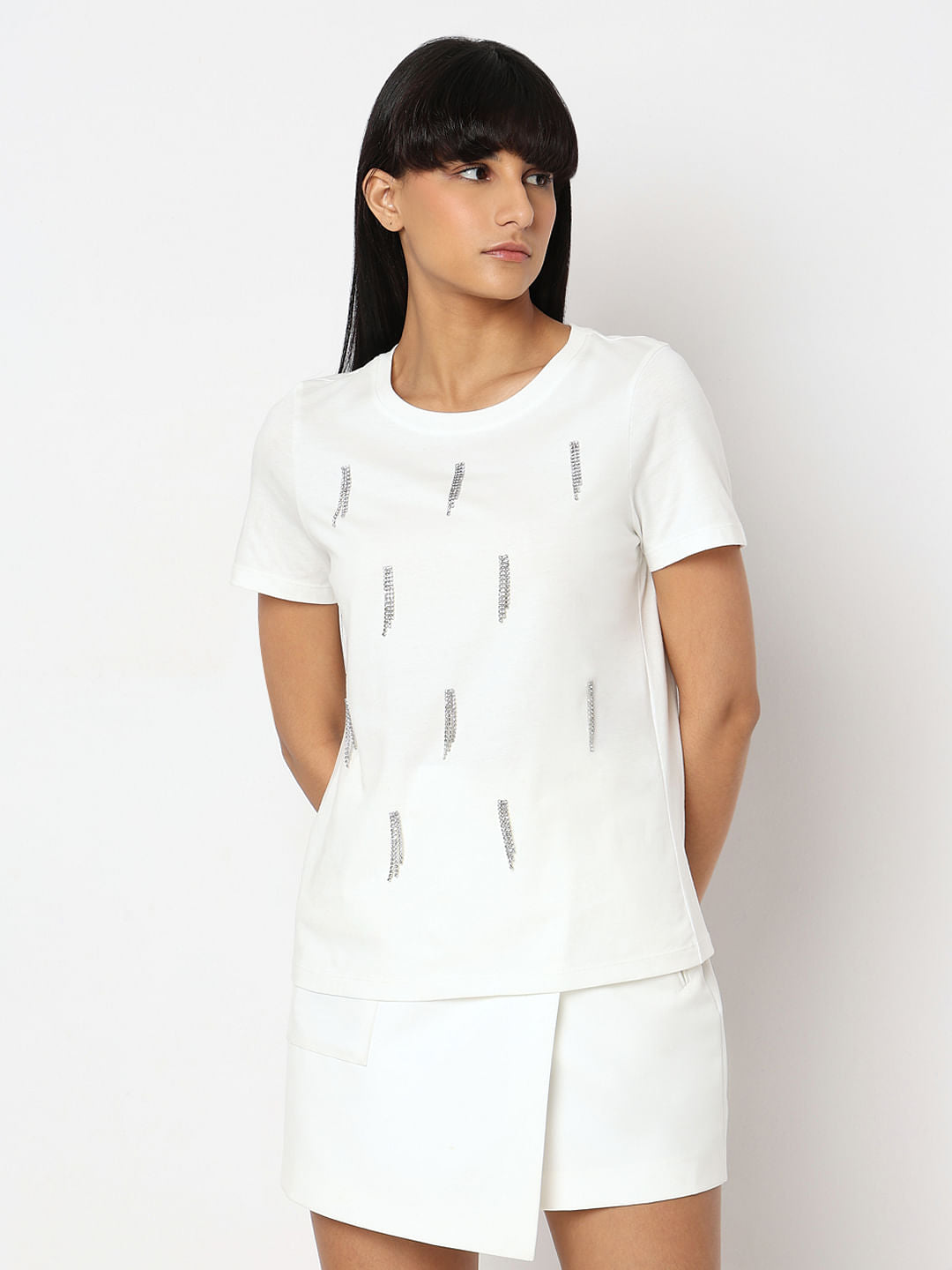 White Embellished Cotton T-Shirt