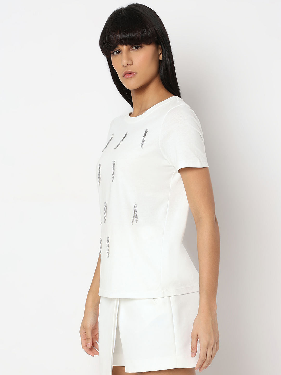 White Embellished Cotton T-Shirt