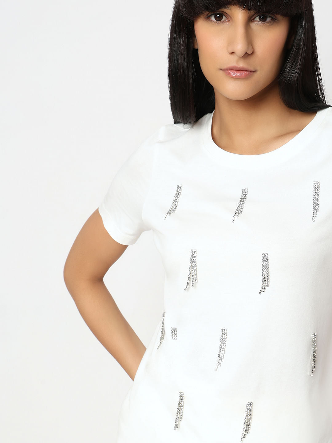 White Embellished Cotton T-Shirt