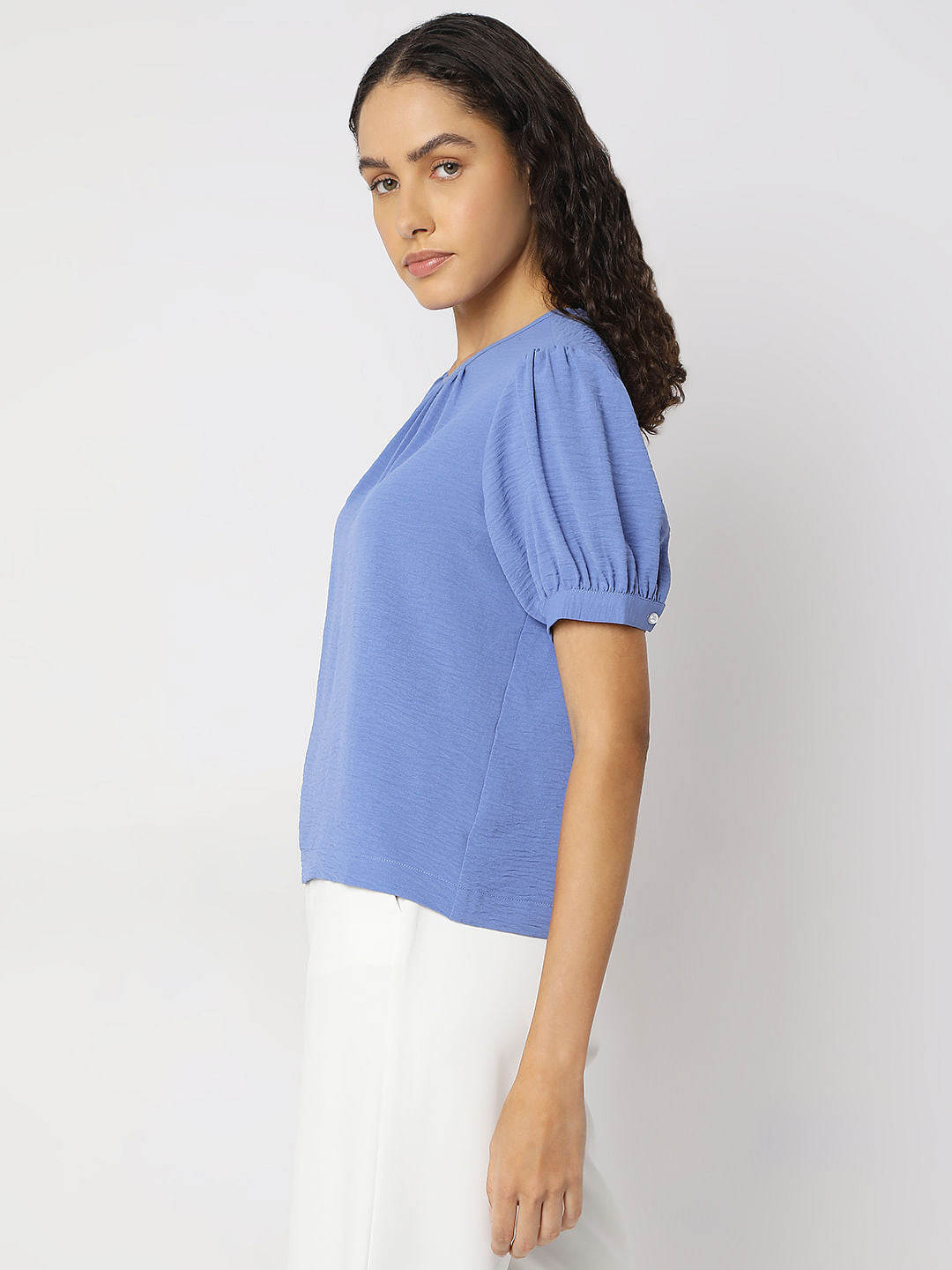 Blue Puff Sleeves Top