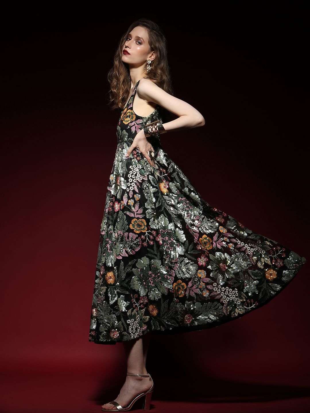 Marquee Black Embroidered Sequined Midi Dress