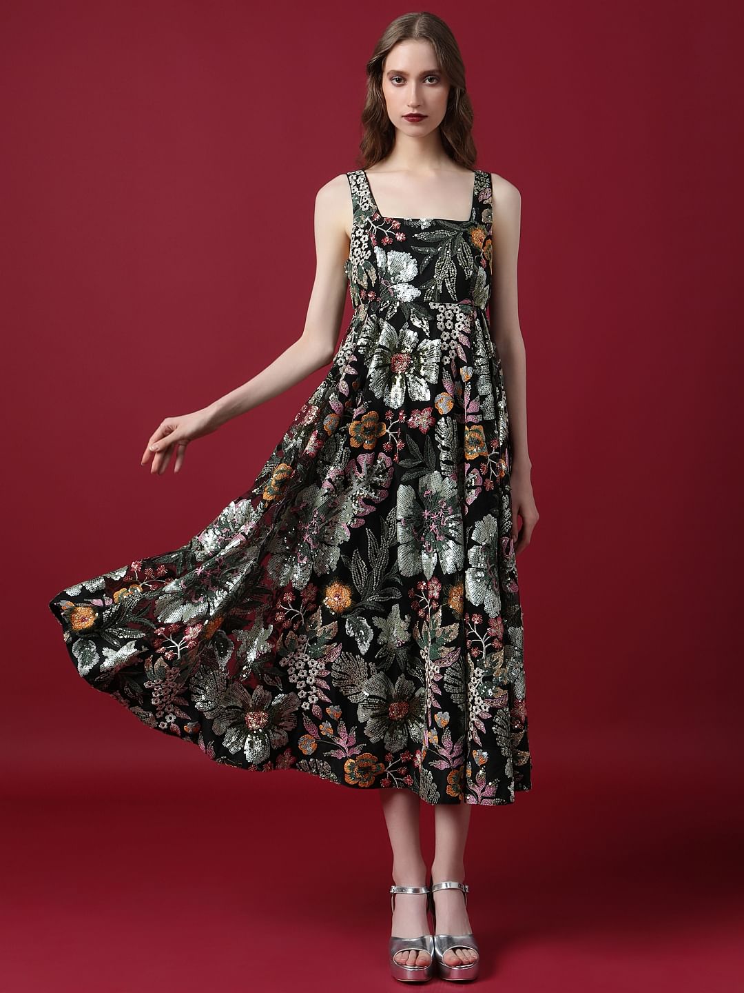 Marquee Black Embroidered Sequined Midi Dress