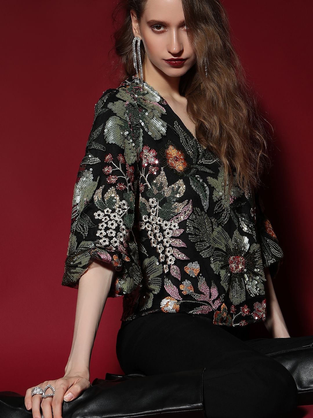 Marquee Black Embroidered Sequined Top