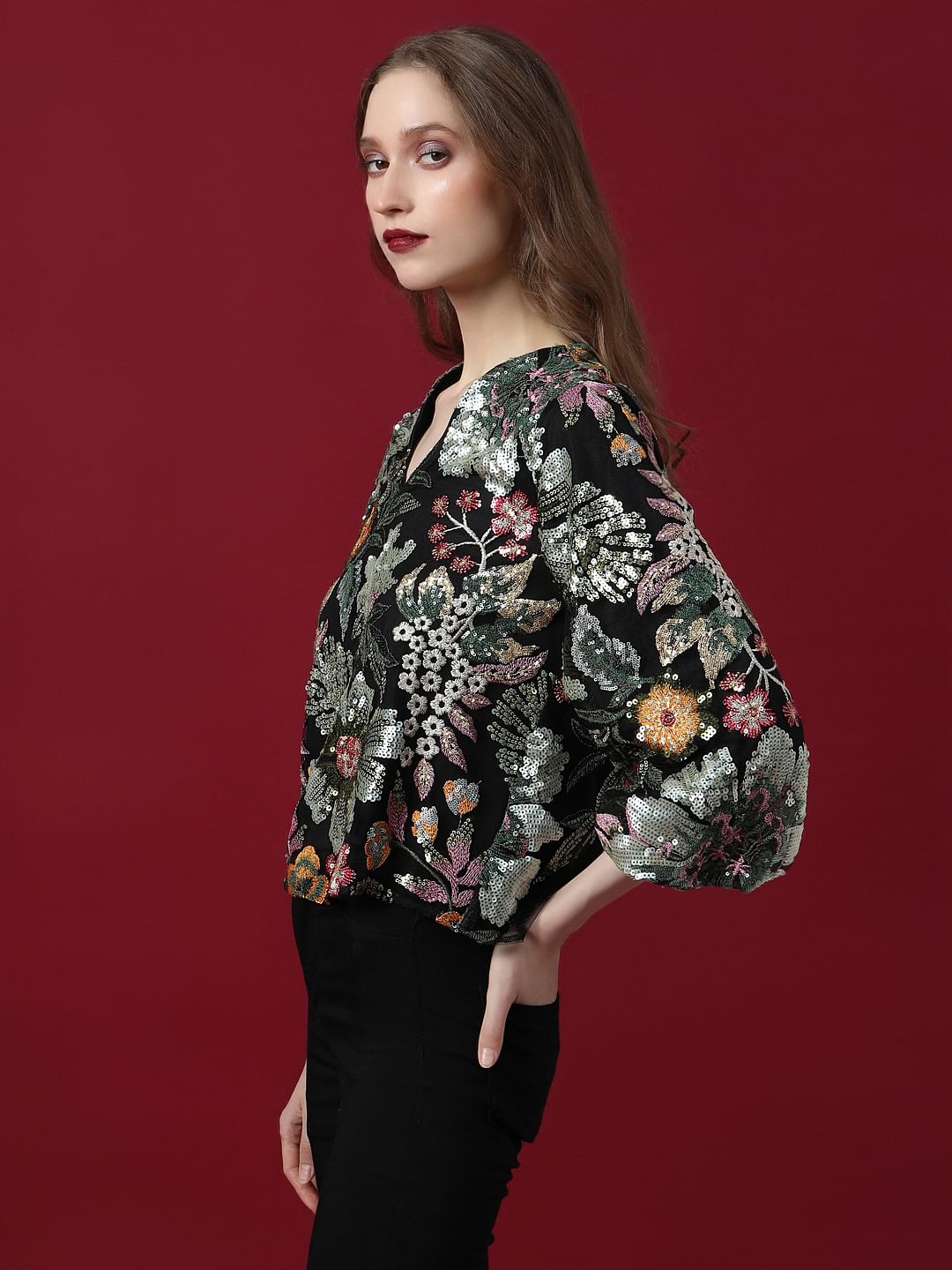 Marquee Black Embroidered Sequined Top